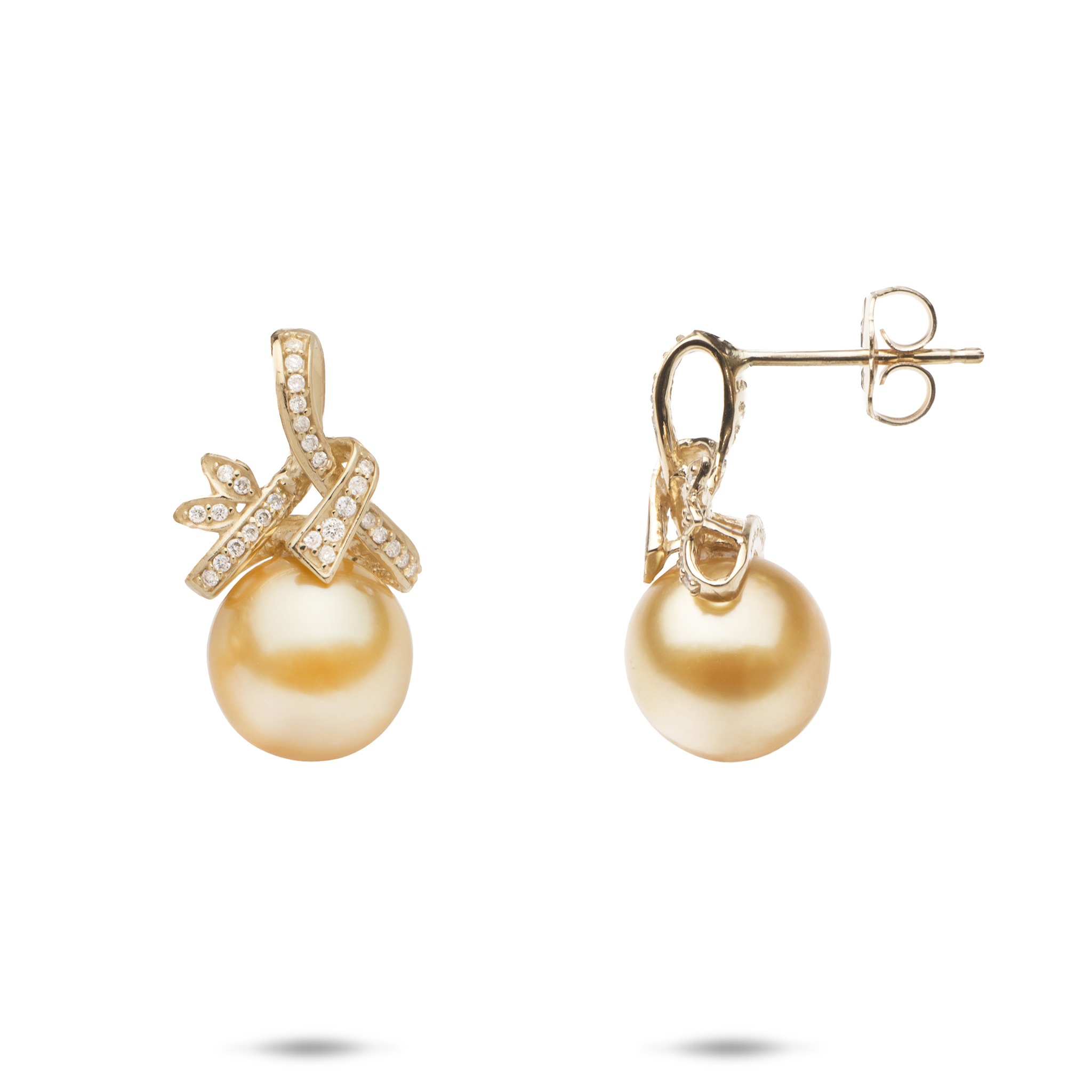 South Sea Gold Pearl Earrings in Gold with Diamonds - 9-10mm