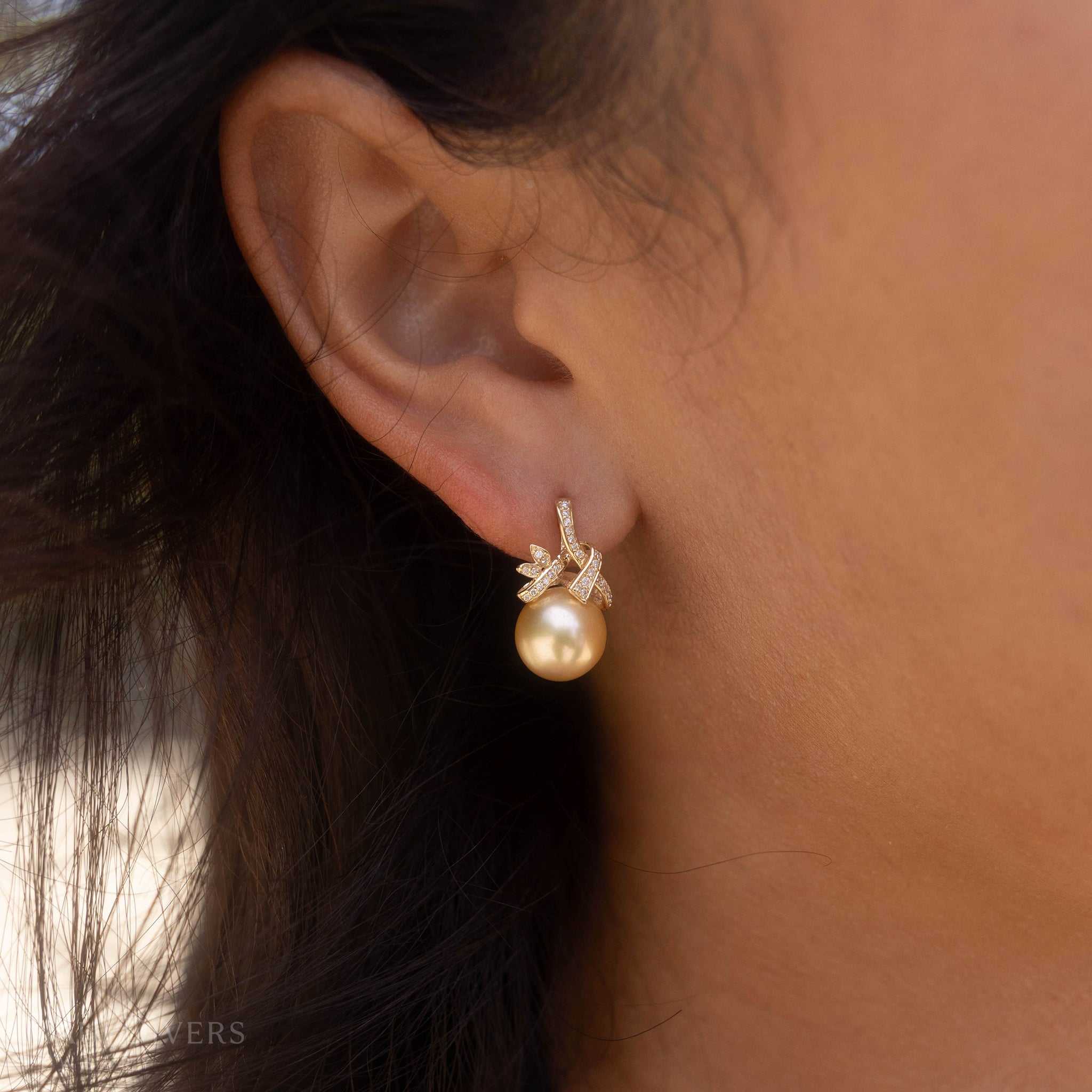 South Sea Gold Pearl Earrings in Gold with Diamonds - 9-10mm