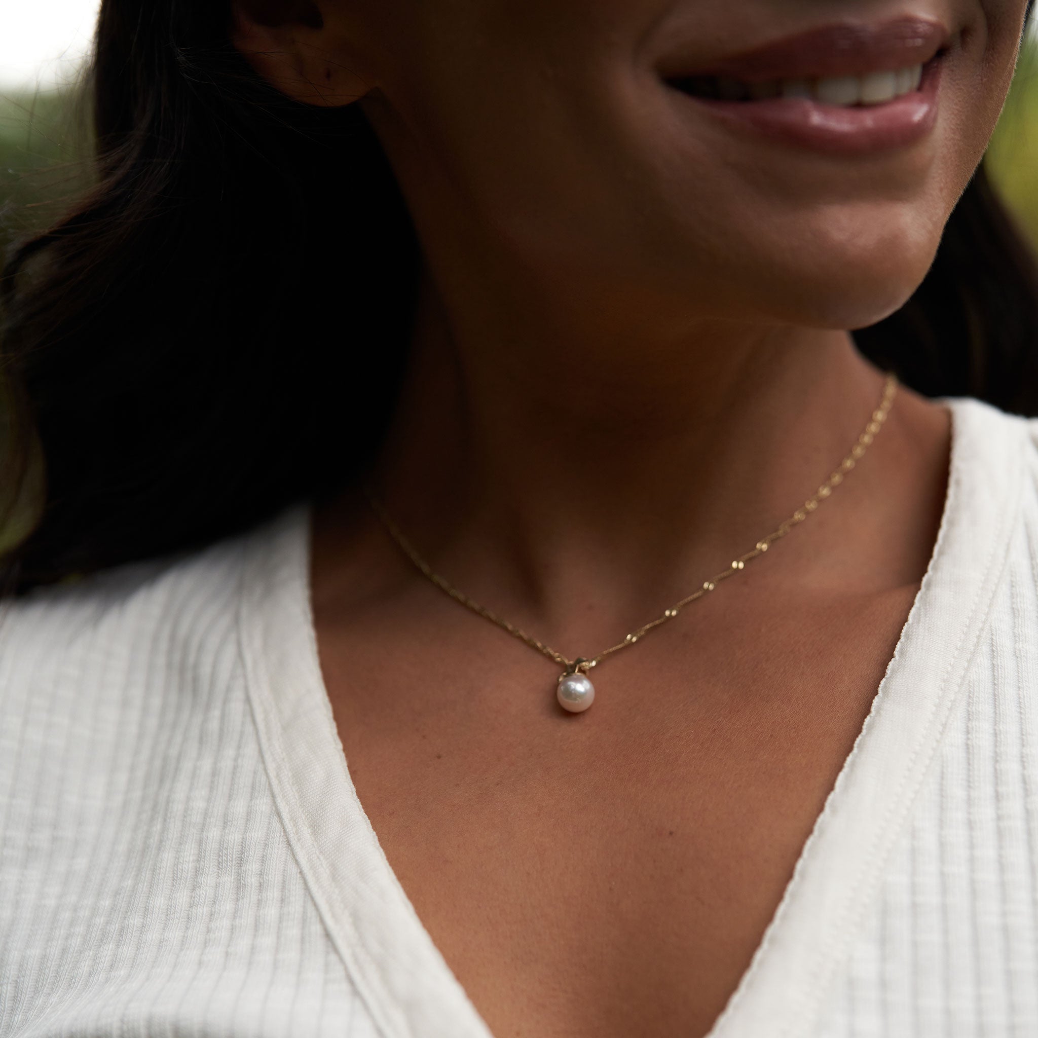 Plumeria Akoya White Pearl Pendant in Gold with Diamond - 8mm