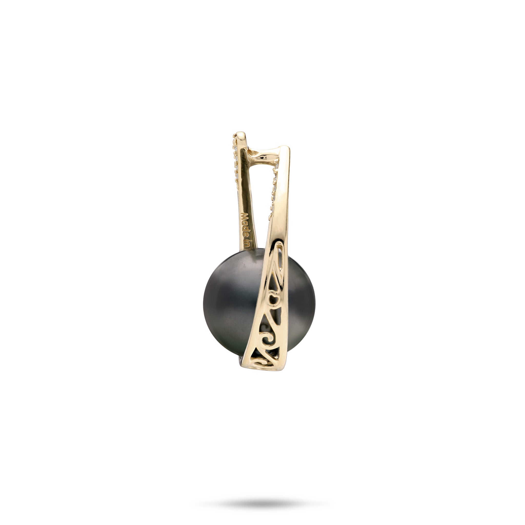 Side view of a 14k Yellow Gold Teardrop Pendant with Diamonds and a 10-11mm Tahitian Black Pearl Pendant on a white background