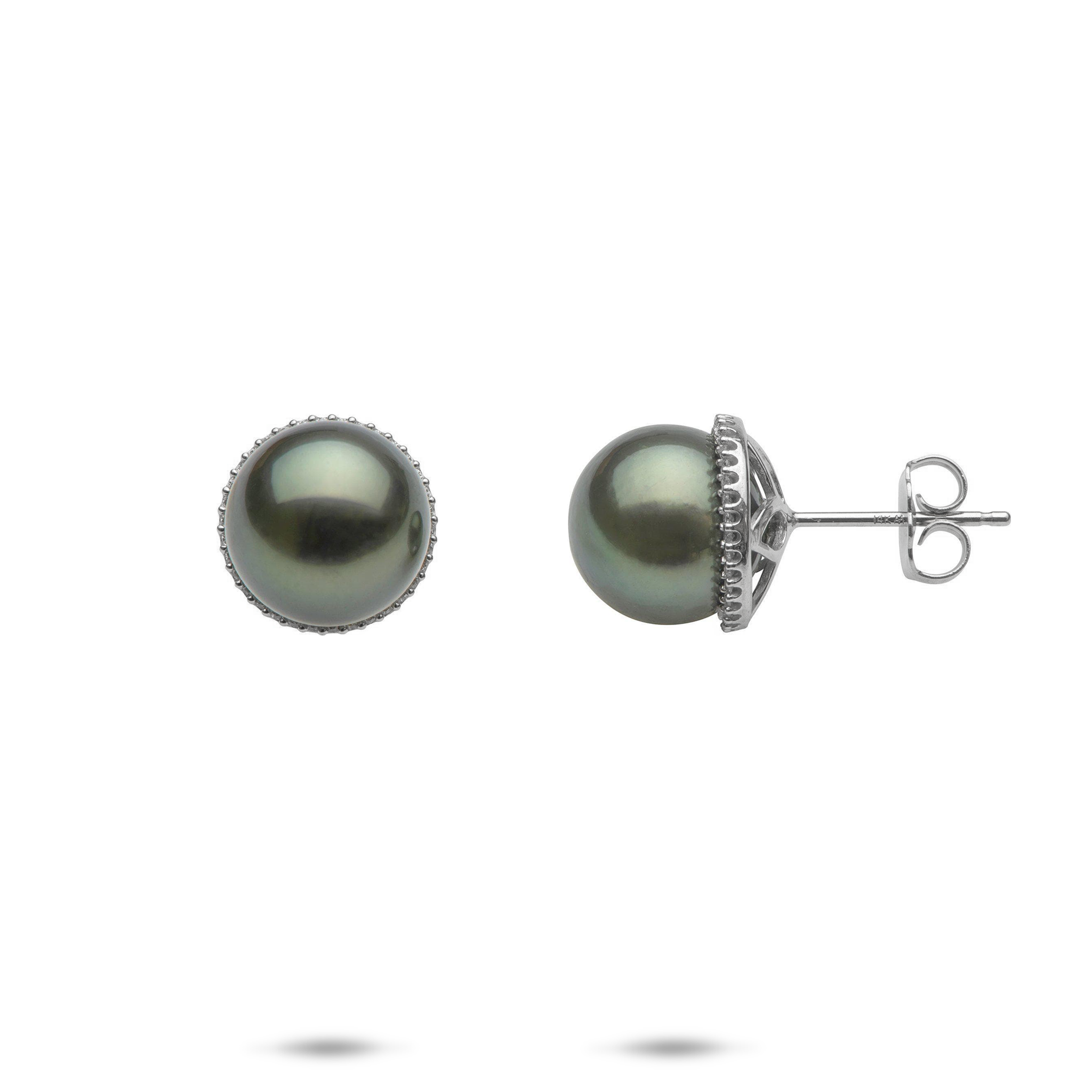 Tahitian Black Pearl Earrings in White Gold with Diamonds - 9-10mm