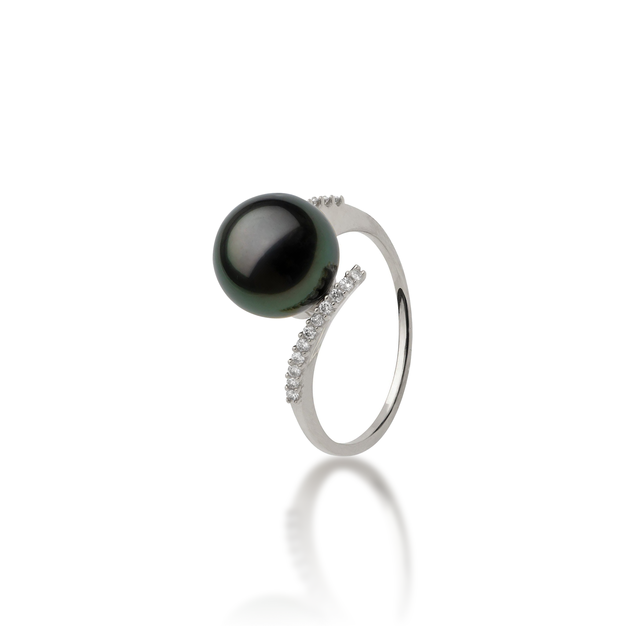 Tahitian Black Pearl Ring in White Gold with Diamonds - 10-11mm