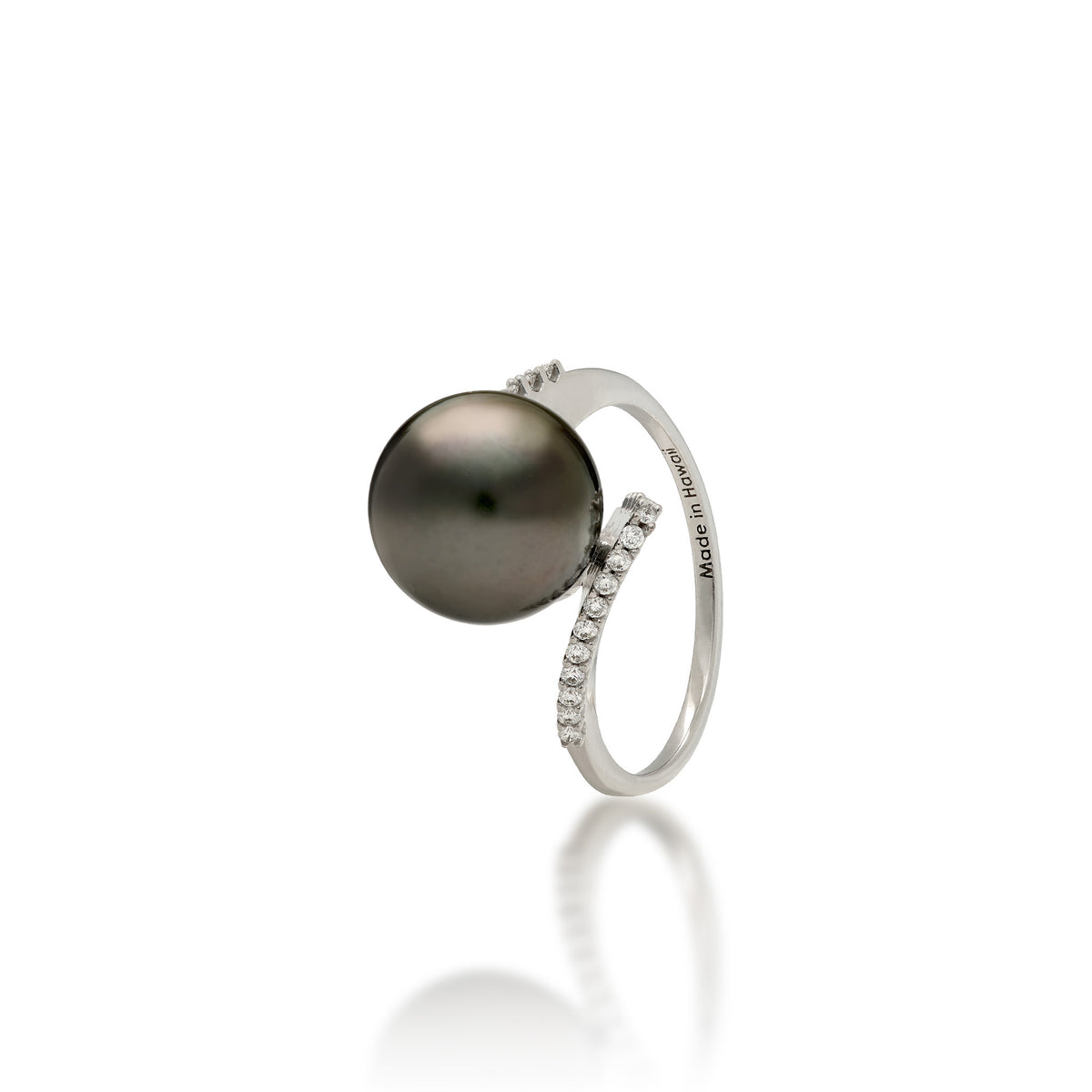 A 14k white gold diamond bypass ring with a Tahitian black pearl at the top center, shown on a white background