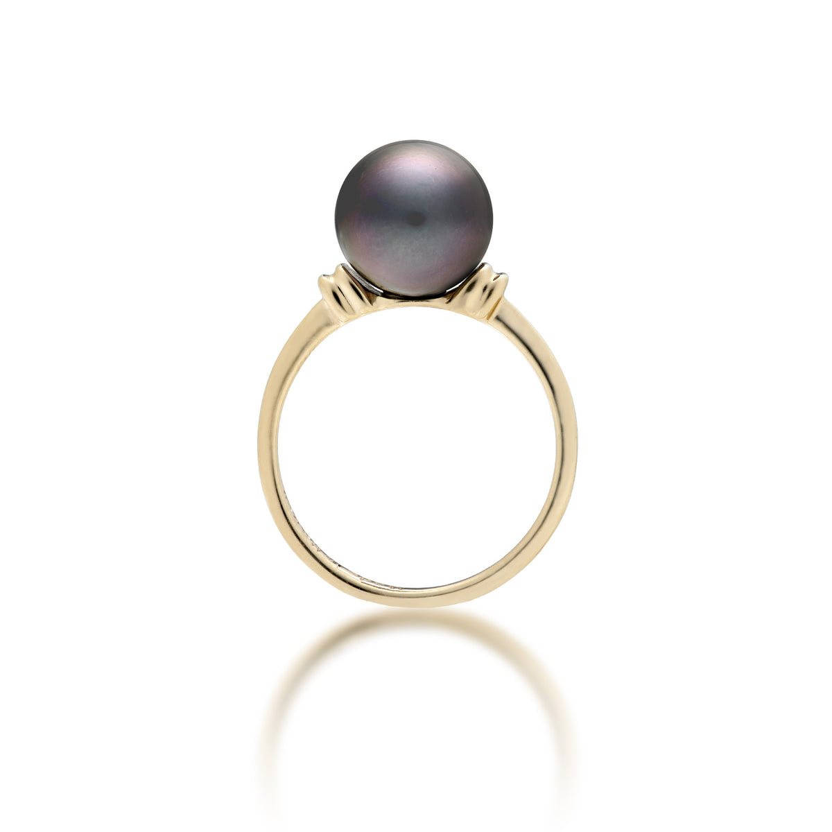 Profile view of a 14k yellow gold ring with a Tahitian black pearl and raised divot gold accents on each side of the pearl, shown on a white background