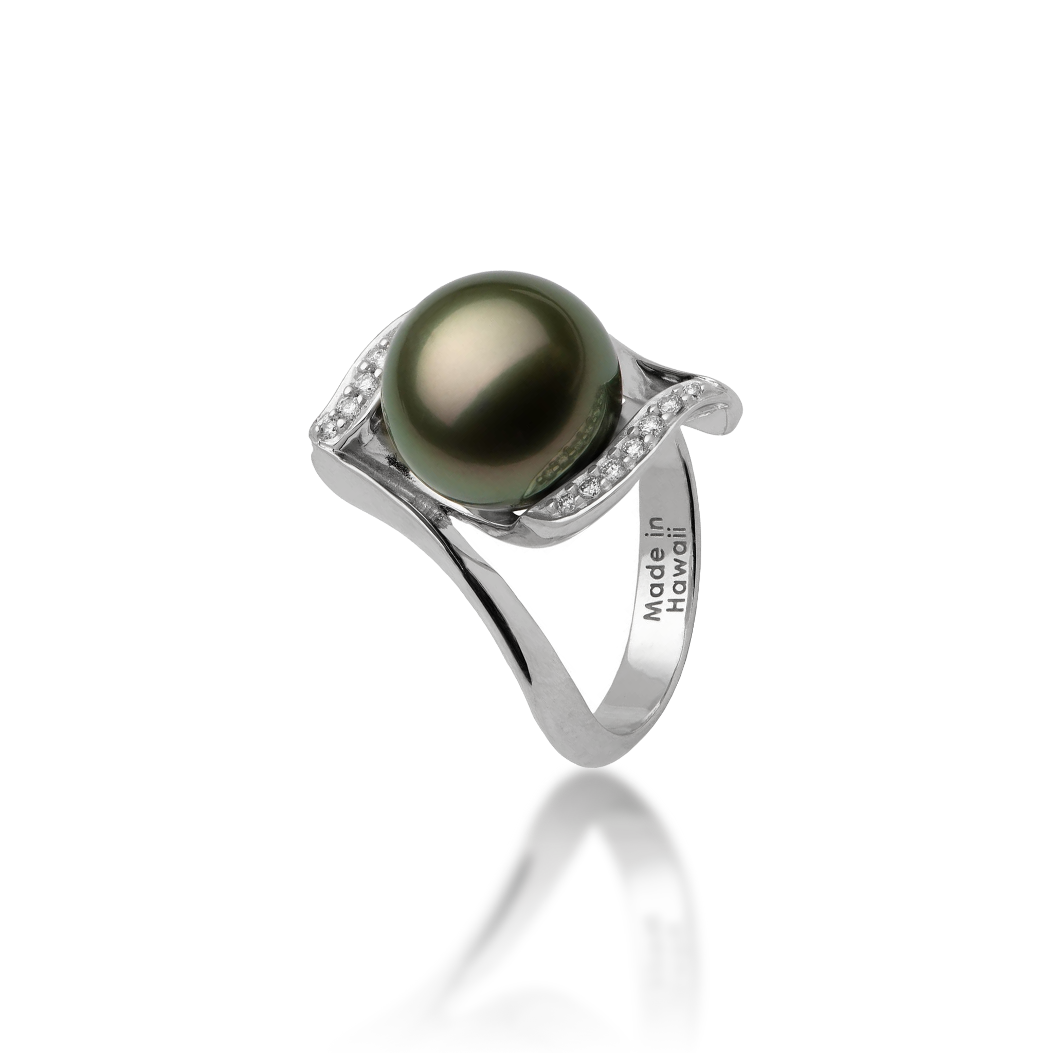 Tahitian Black Pearl Ring in White Gold with Diamonds - 11-12mm
