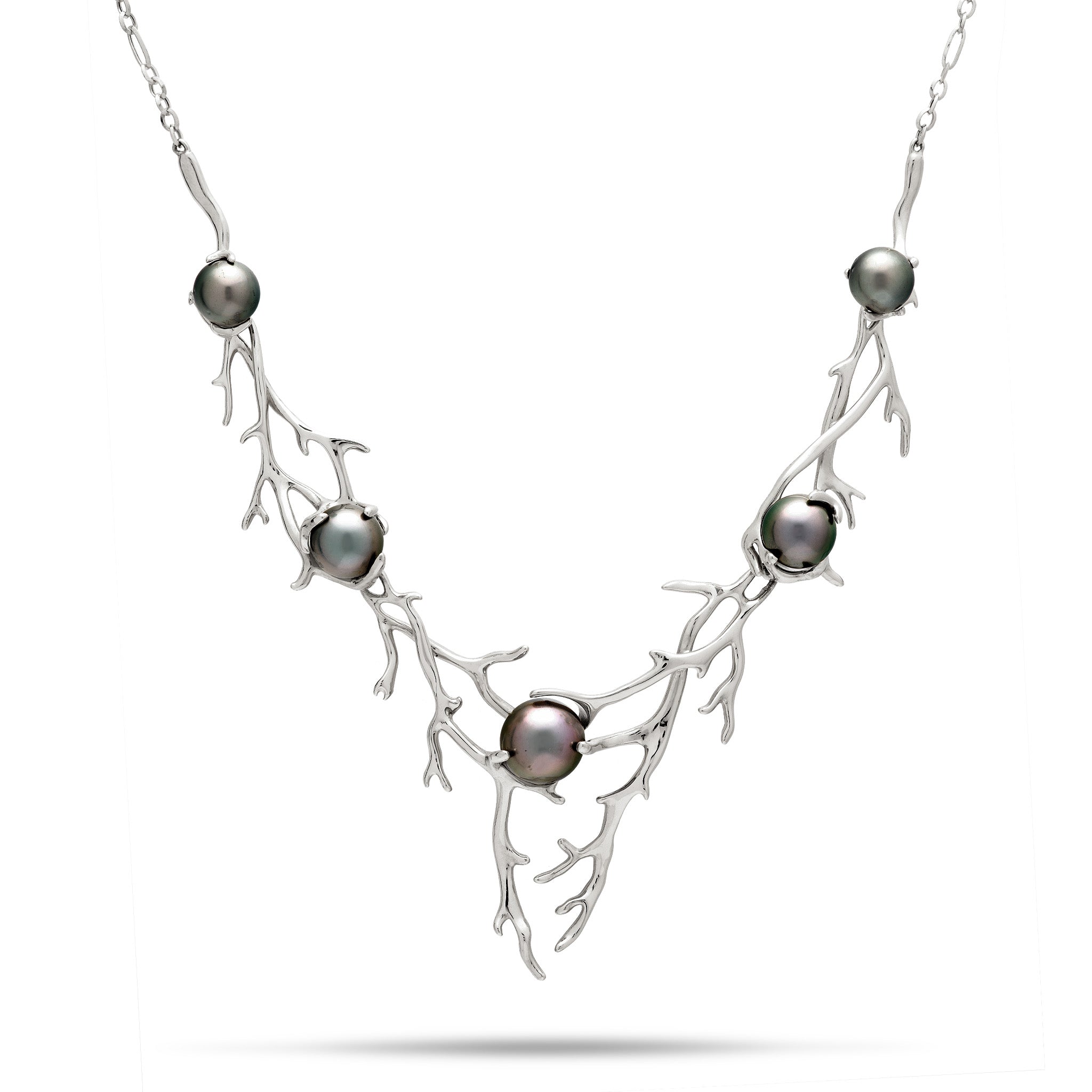 14k White Gold Heritage Collection Necklace with Hawaiian Black Coral-inspired Design and five Tahitian pearls on a white background