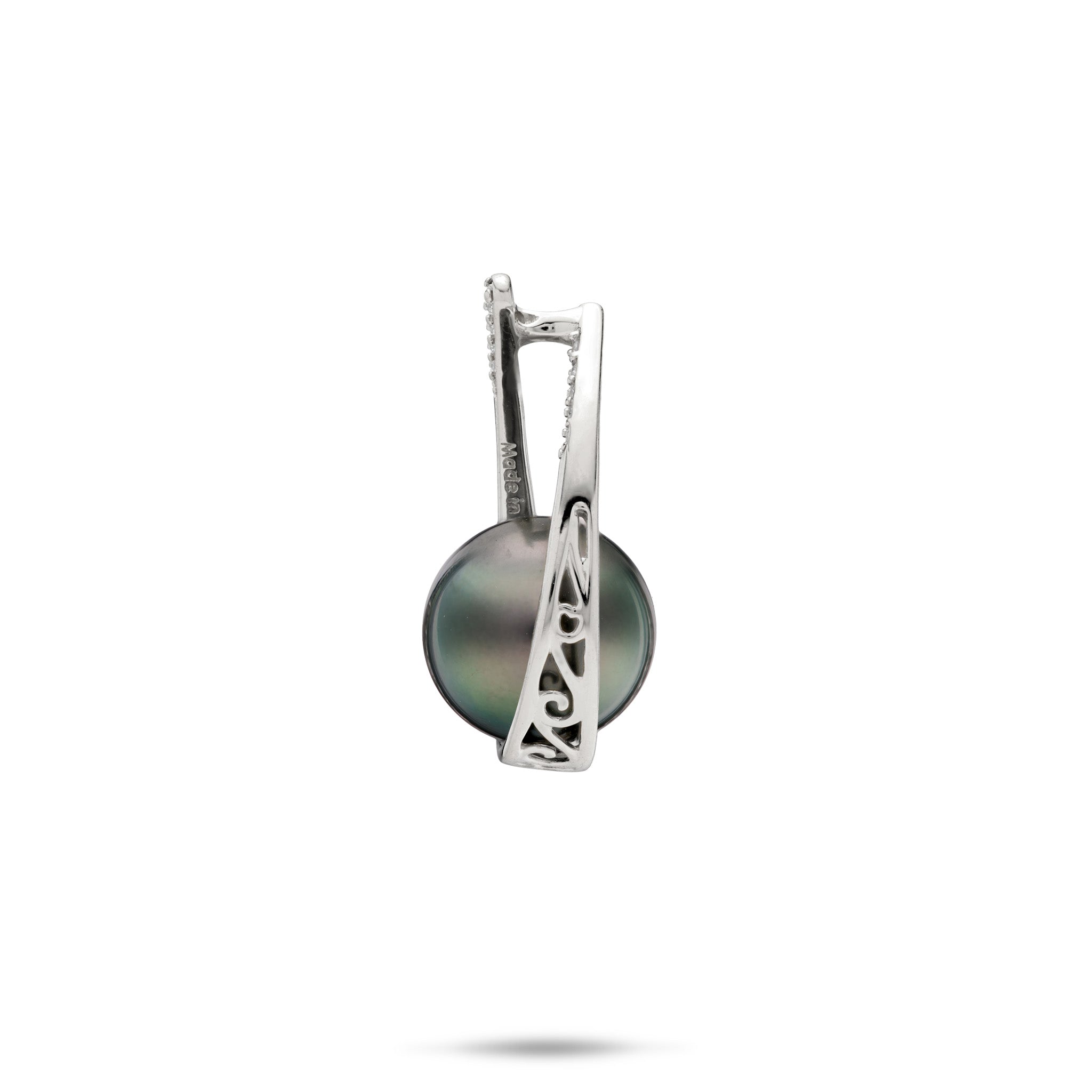 Side view of a 14k White Gold Diamond Teardrop Pendant with a Tahitian pearl on a white background