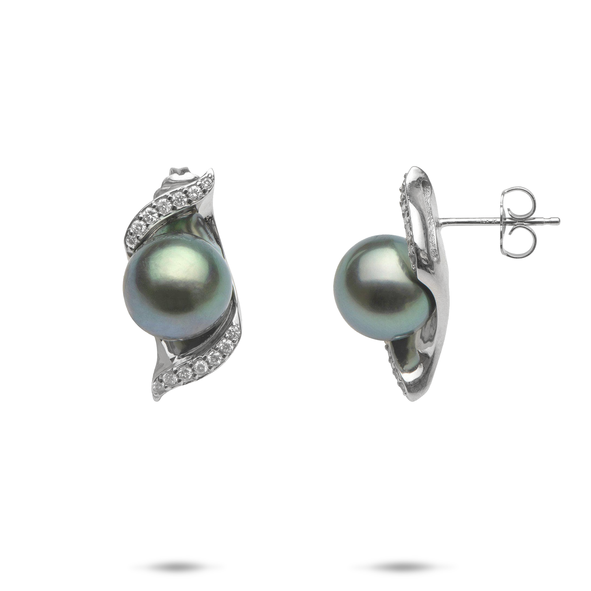 Nalu Tahitian Black Pearl Earrings in White Gold with Diamonds - 9-10mm