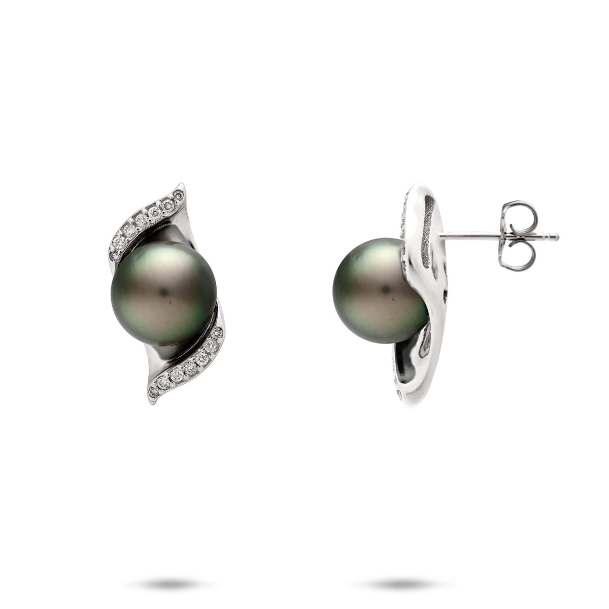 9-10mm Nalu Tahitian Black Pearl Earrings in 14k White Gold with wavy diamond detail, placed on a white background
