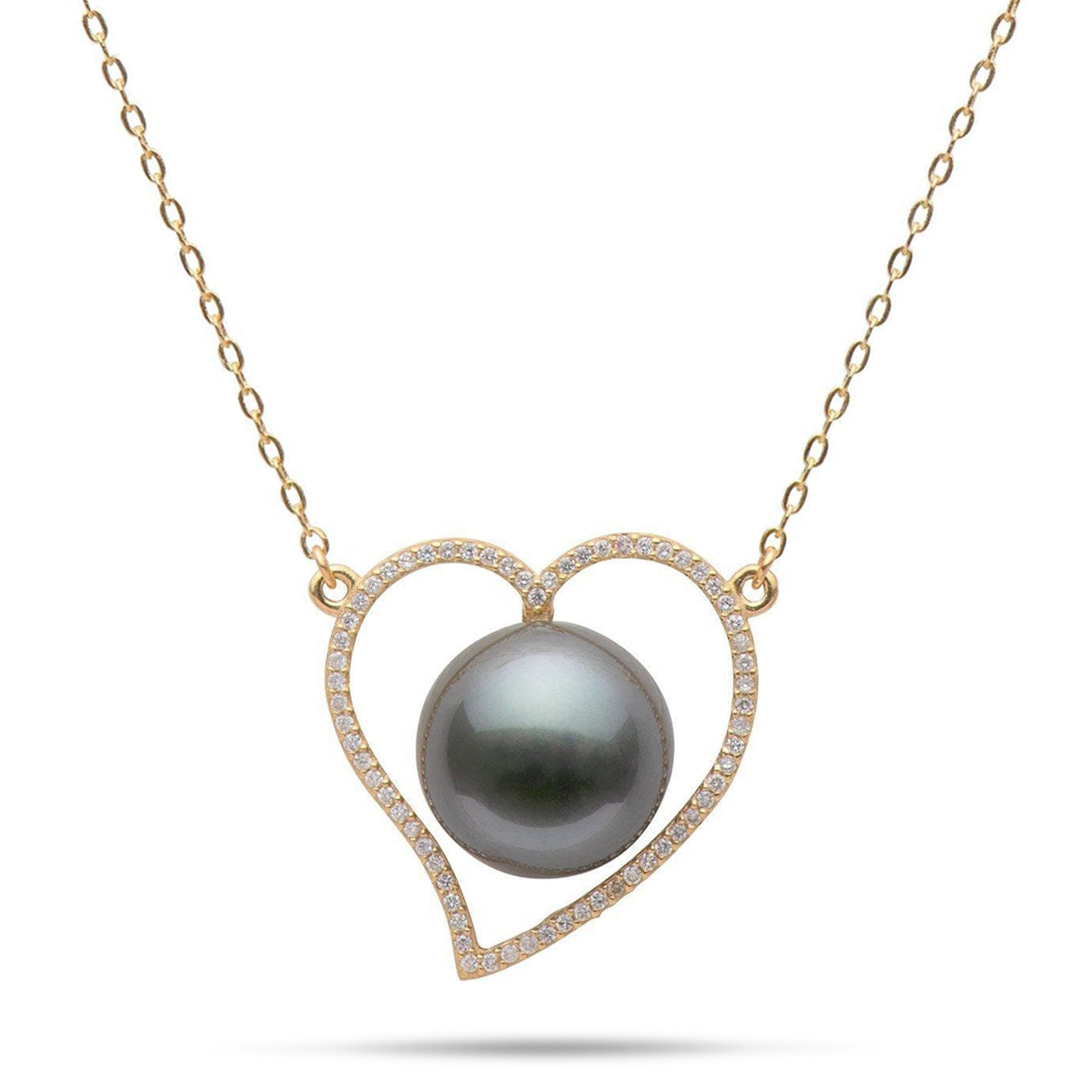 16" Tahitian Black Pearl Heart Necklace in Gold - 12-13mm