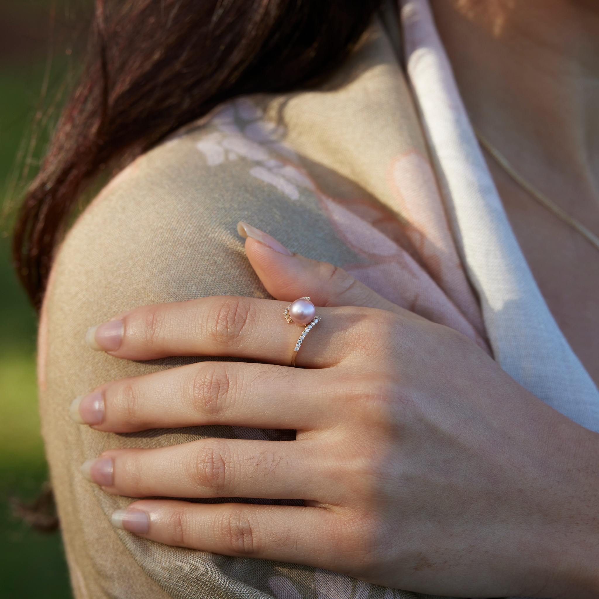 Lavender Freshwater Pearl Ring in Rose Gold with Diamonds - 9-10mm