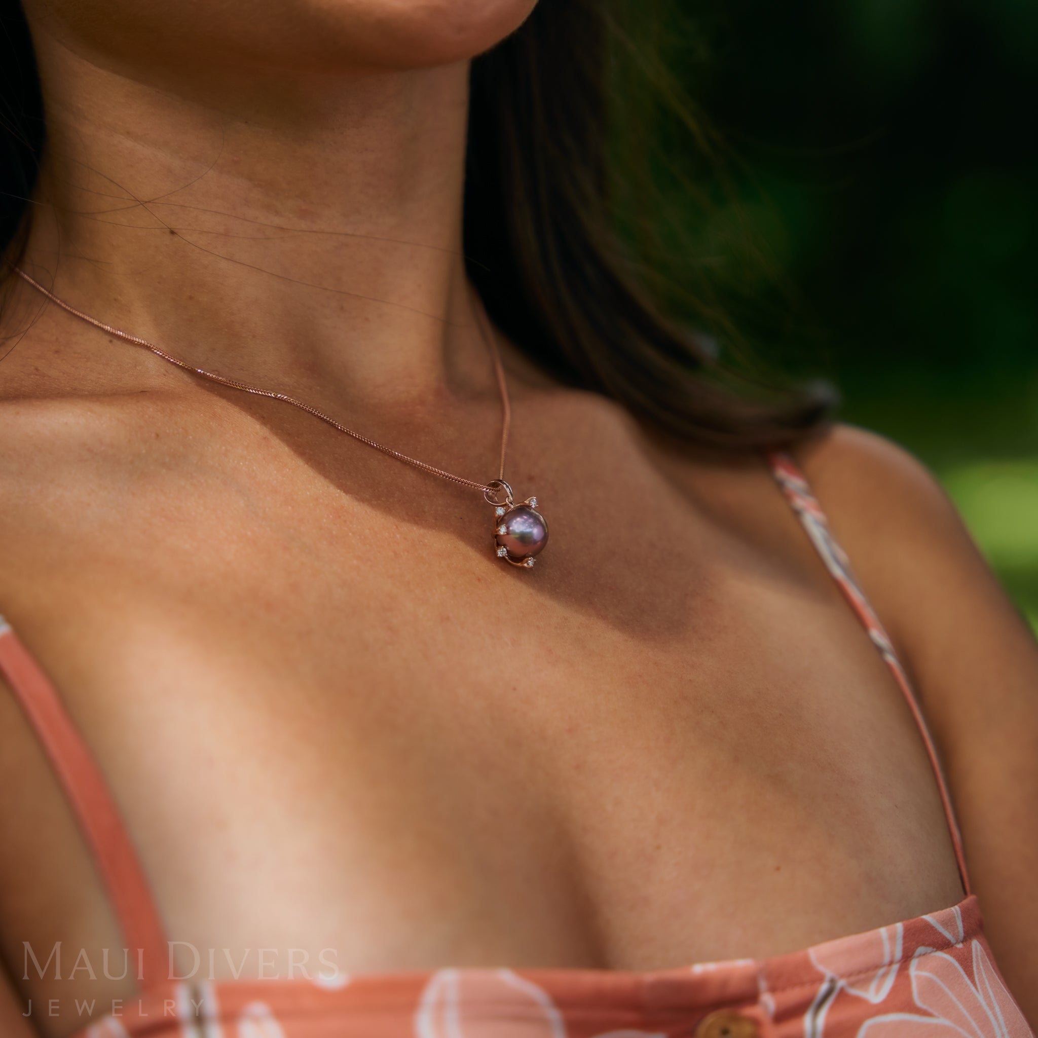 Protea Lilac Freshwater Pearl Pendant in Rose Gold with Diamonds - 11-12mm