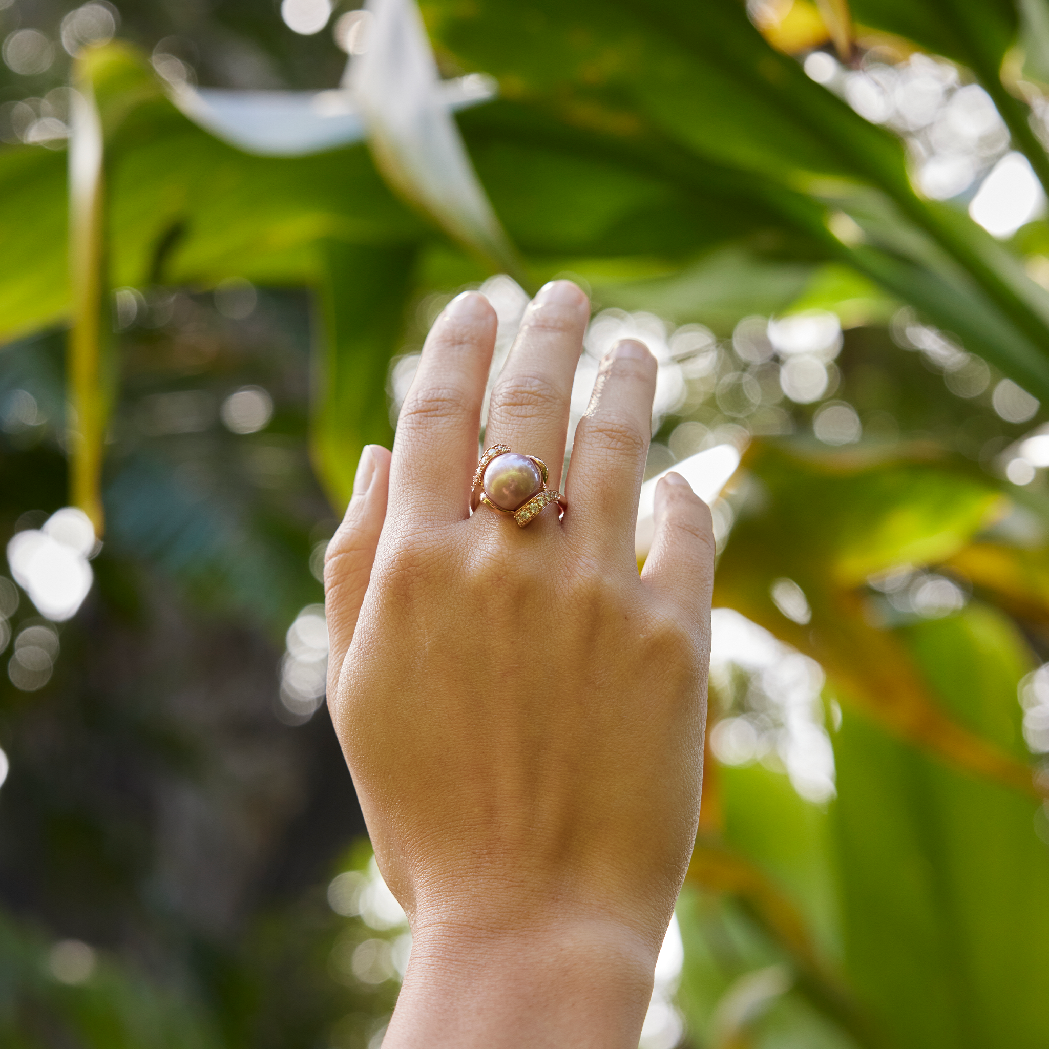 Lilac Freshwater Pearl Ring in Rose Gold with Diamonds - 12-13mm