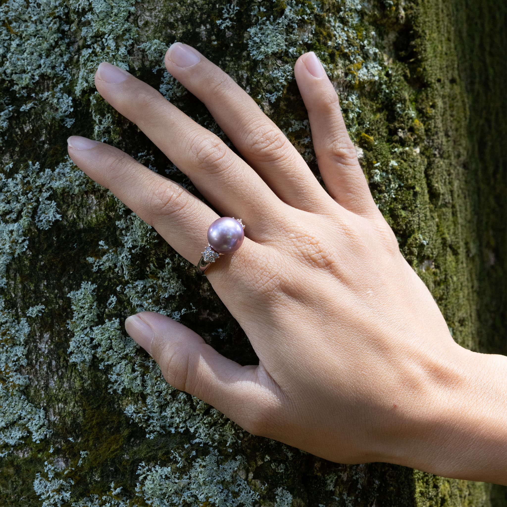 Ultraviolet Freshwater Pearl Ring in Rose Gold with Diamonds - 12-13mm