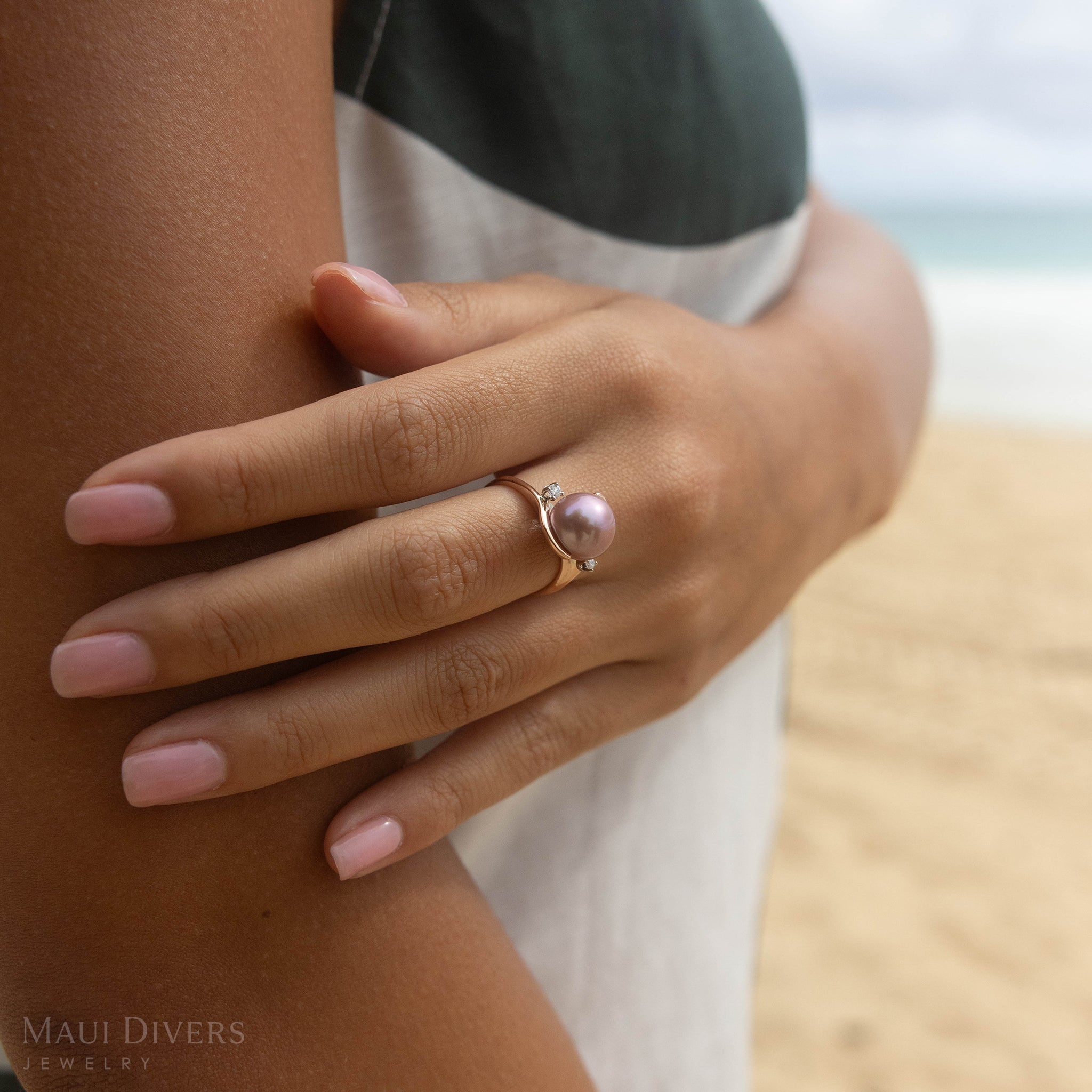 Lilac Freshwater Pearl Ring in Rose Gold with Diamonds - 10-11mm