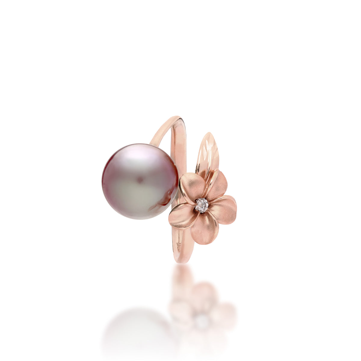 Top view of a 14k rose gold bypass ring featuring a 10-11mm lilac freshwater pearl and diamond-accented plumeria with a satin finish and diamond-cut leaf, set against a clean white background with a soft reflection.