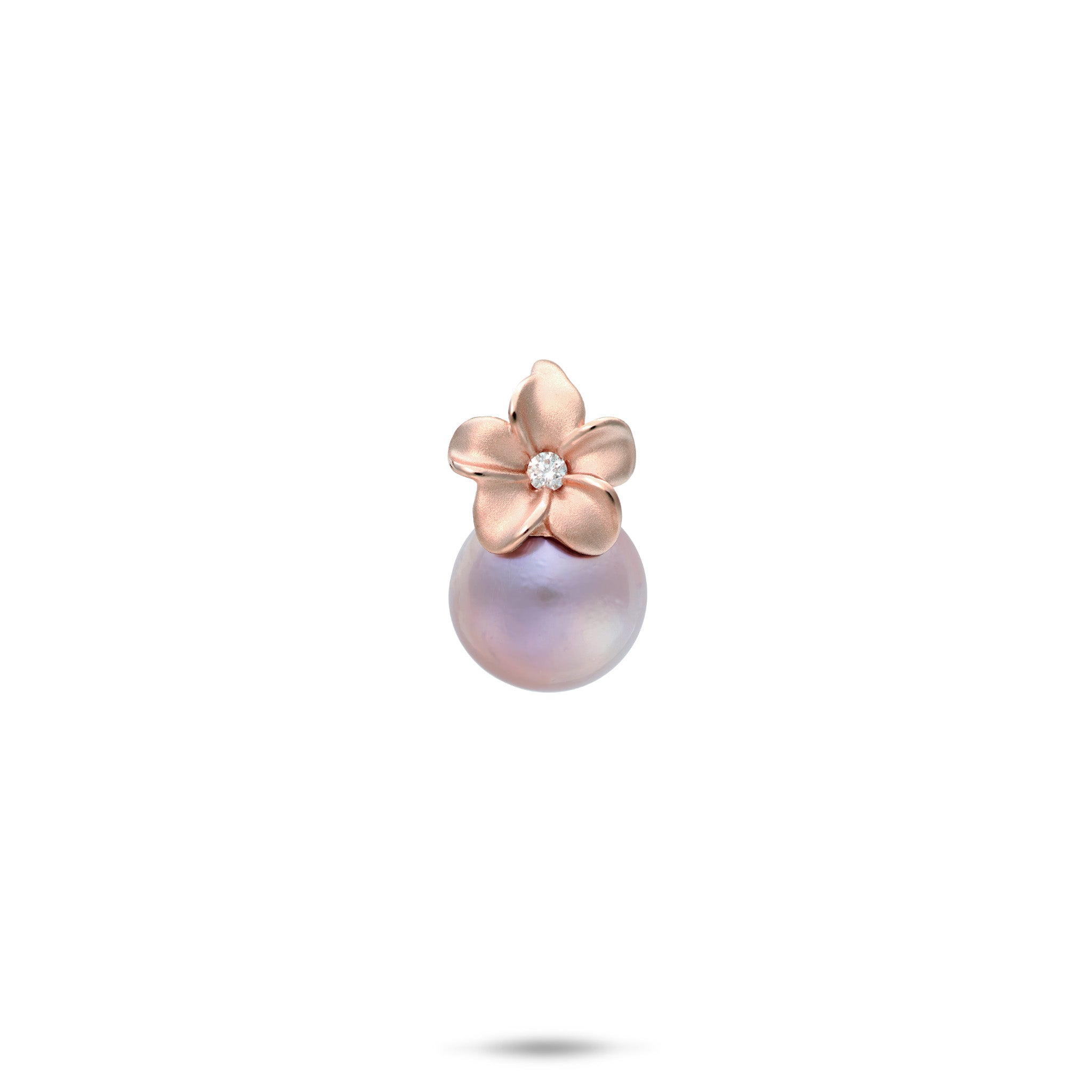 14k Rose Gold Plumeria Pendant with Diamond Accent and Lavender Freshwater Pearl on a whitebackground