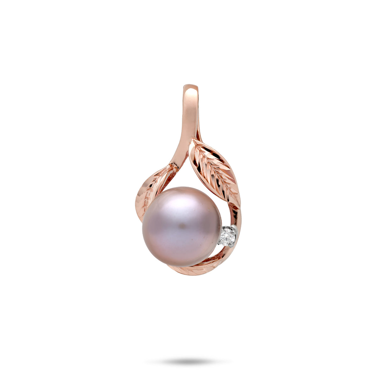 10-11mm Lavender Freshwater Pearl Pendant framed with three Maile leaves in Rose Gold with a Diamond accent placed on a white background