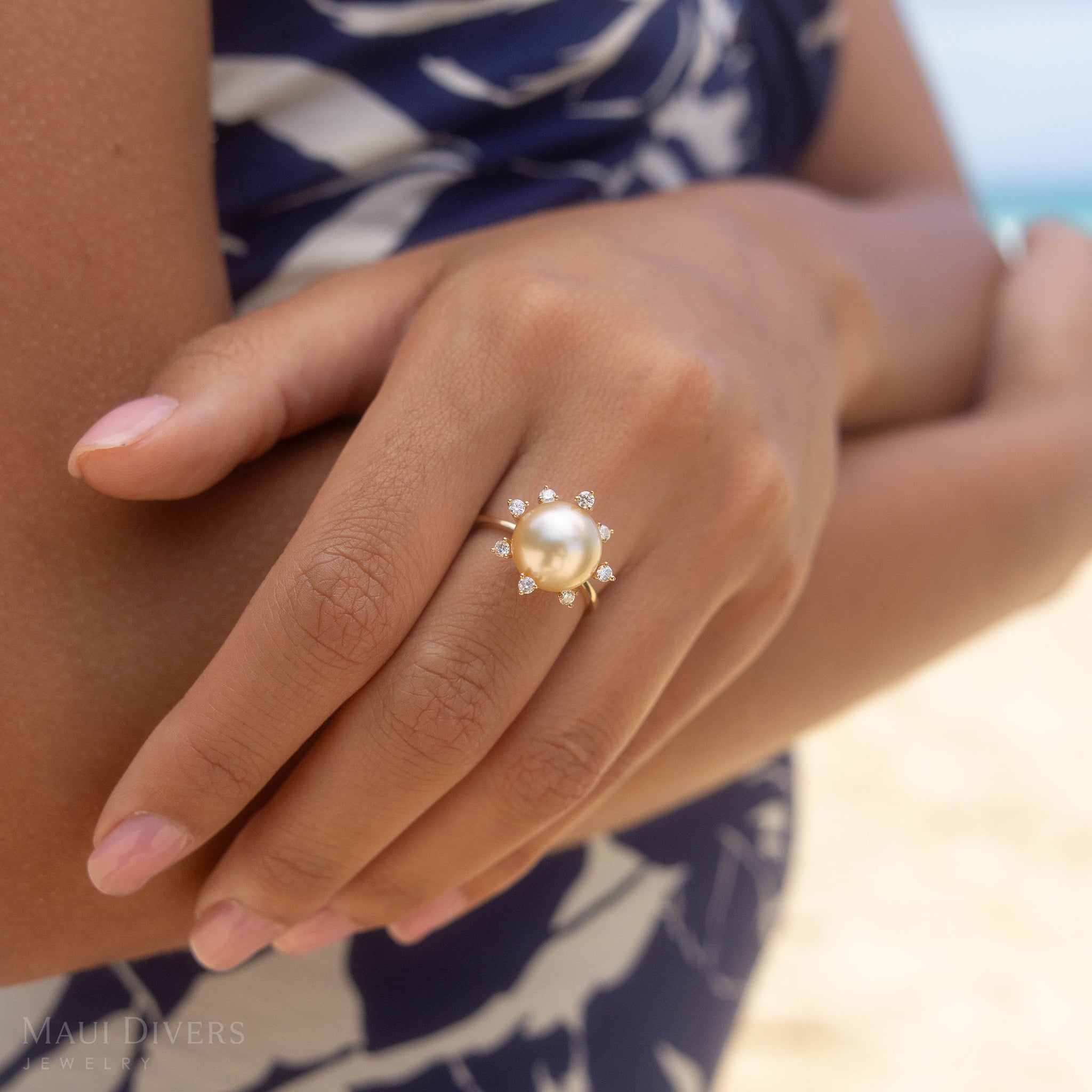 Protea South Sea Gold Pearl Ring in Gold with Diamonds - 10-11mm