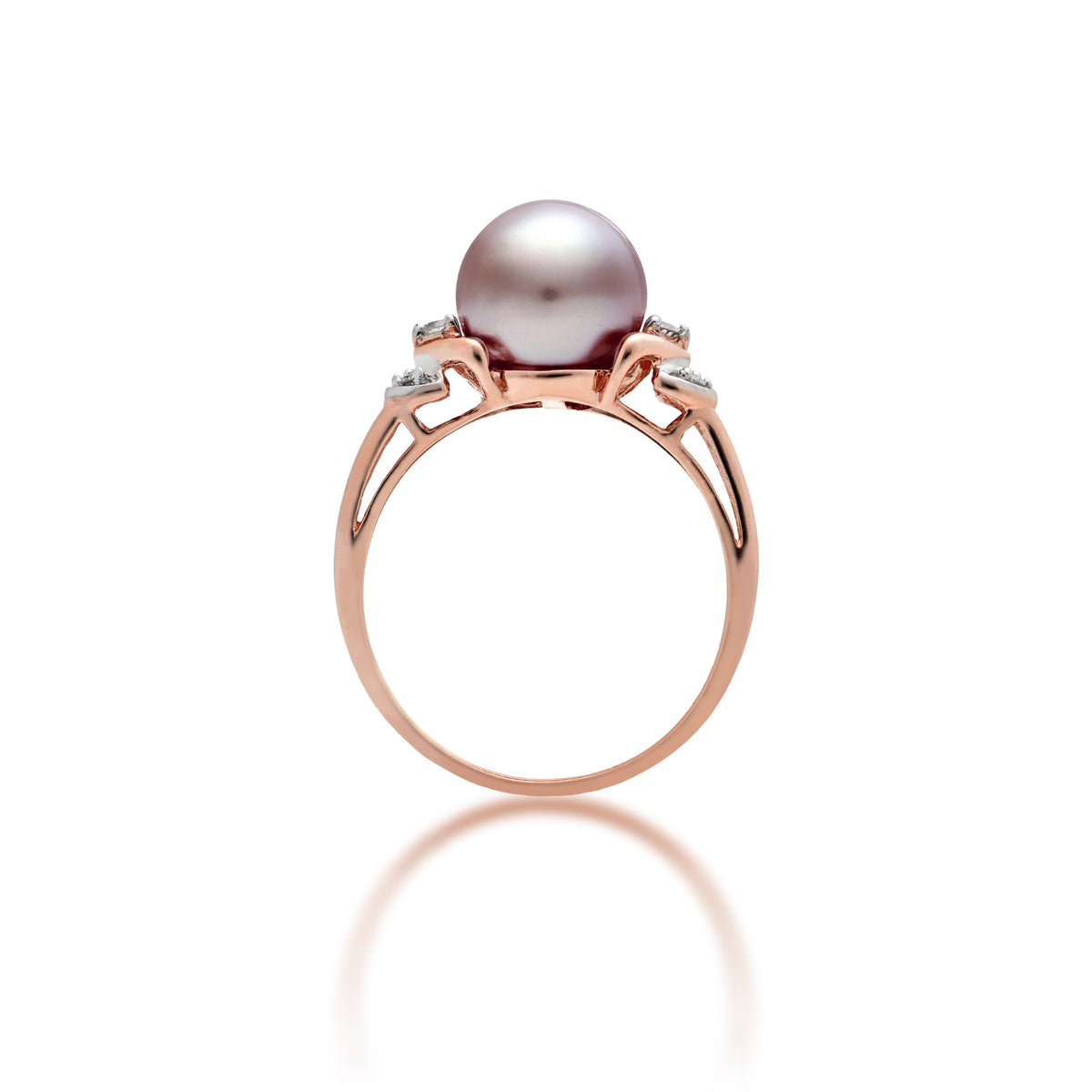 Profile view a 14k rose gold ring with a lilac freshwater pearl with diamond accents on each side with darting rose gold curves, shown on a white background