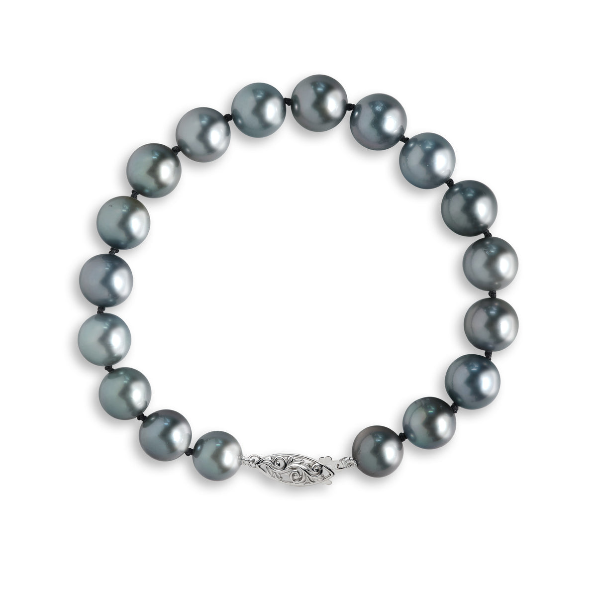 Top view of a 9-10mm Tahitian Black Pearl 8" Bracelet with a Living Heirloom Maile and Hapuu Fern Design White Gold clasp on a white background