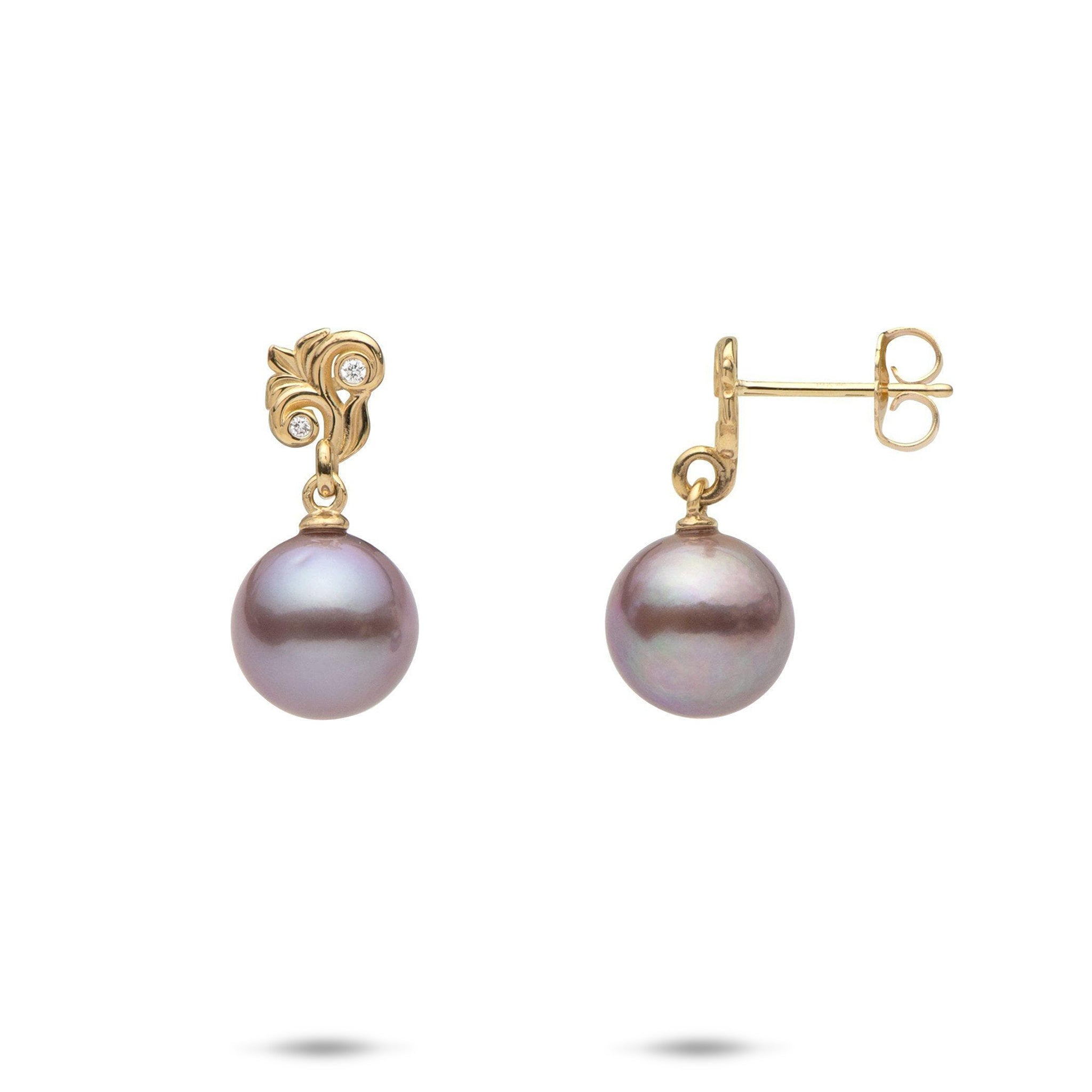 Living Heirloom Lilac Freshwater Pearl Earrings in Gold with Diamonds - 9-10mm