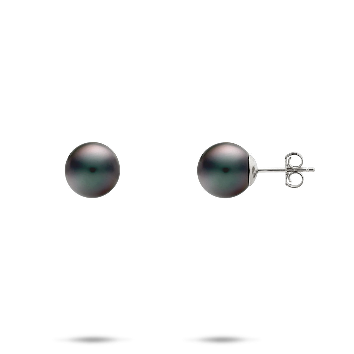 A pair of 14k white gold stud earrings with 8-9mm Tahitian black pearls, shown with a front and side profile view of the butterfly backing, on a white background