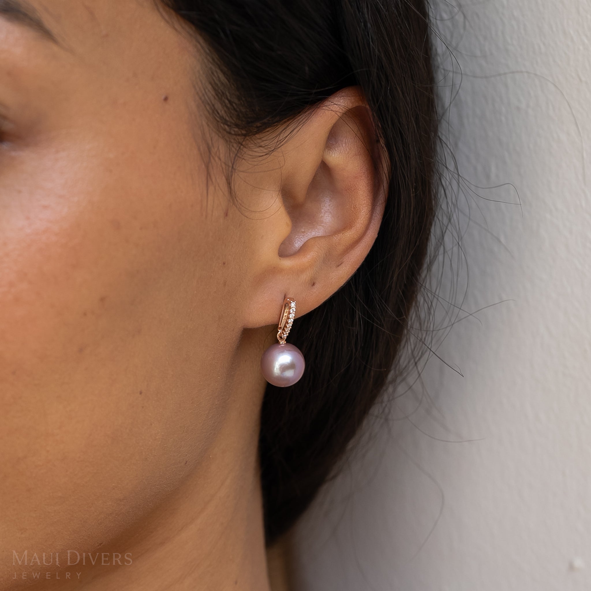 Lilac Freshwater Pearl Earrings in Rose Gold with Diamonds - 11-12mm