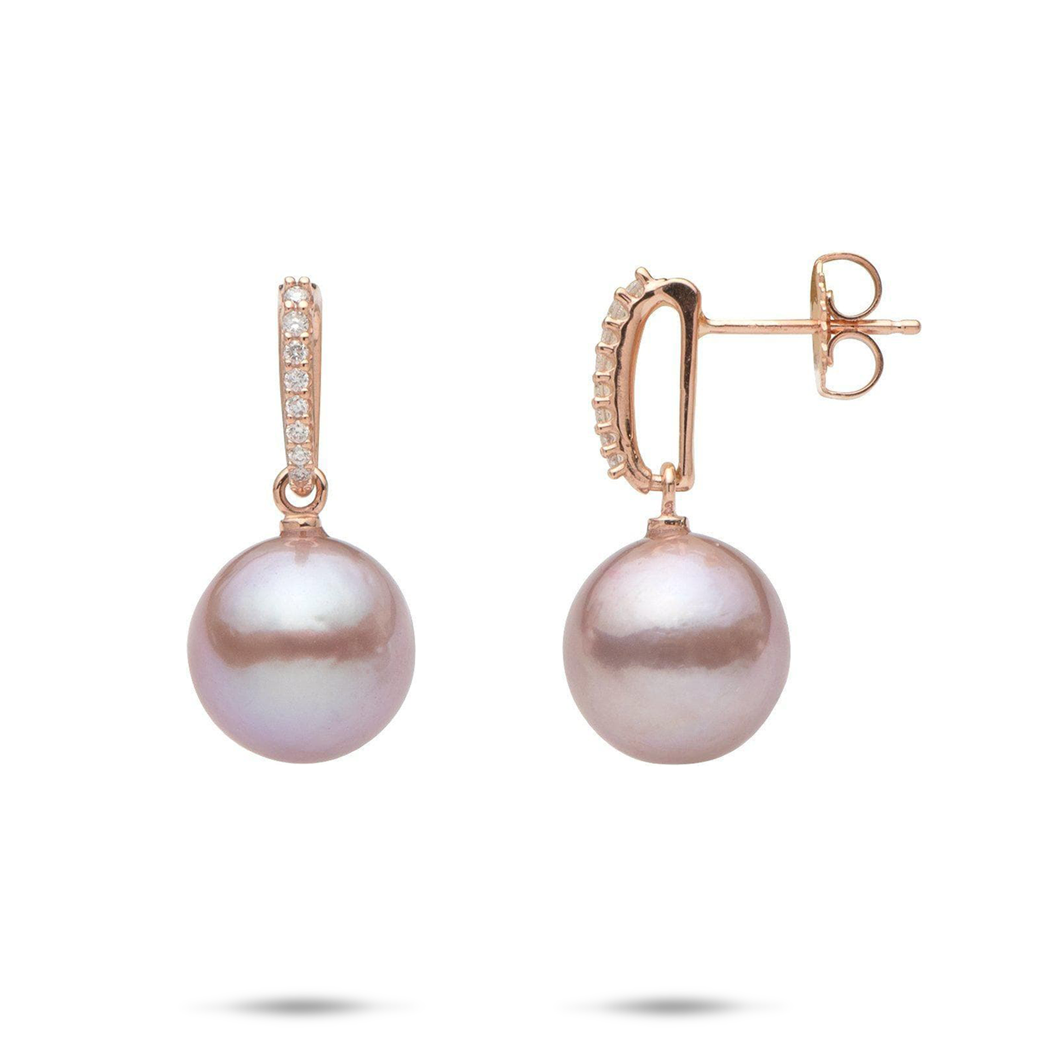 Lilac Freshwater Pearl Earrings in Rose Gold with Diamonds - 11-12mm