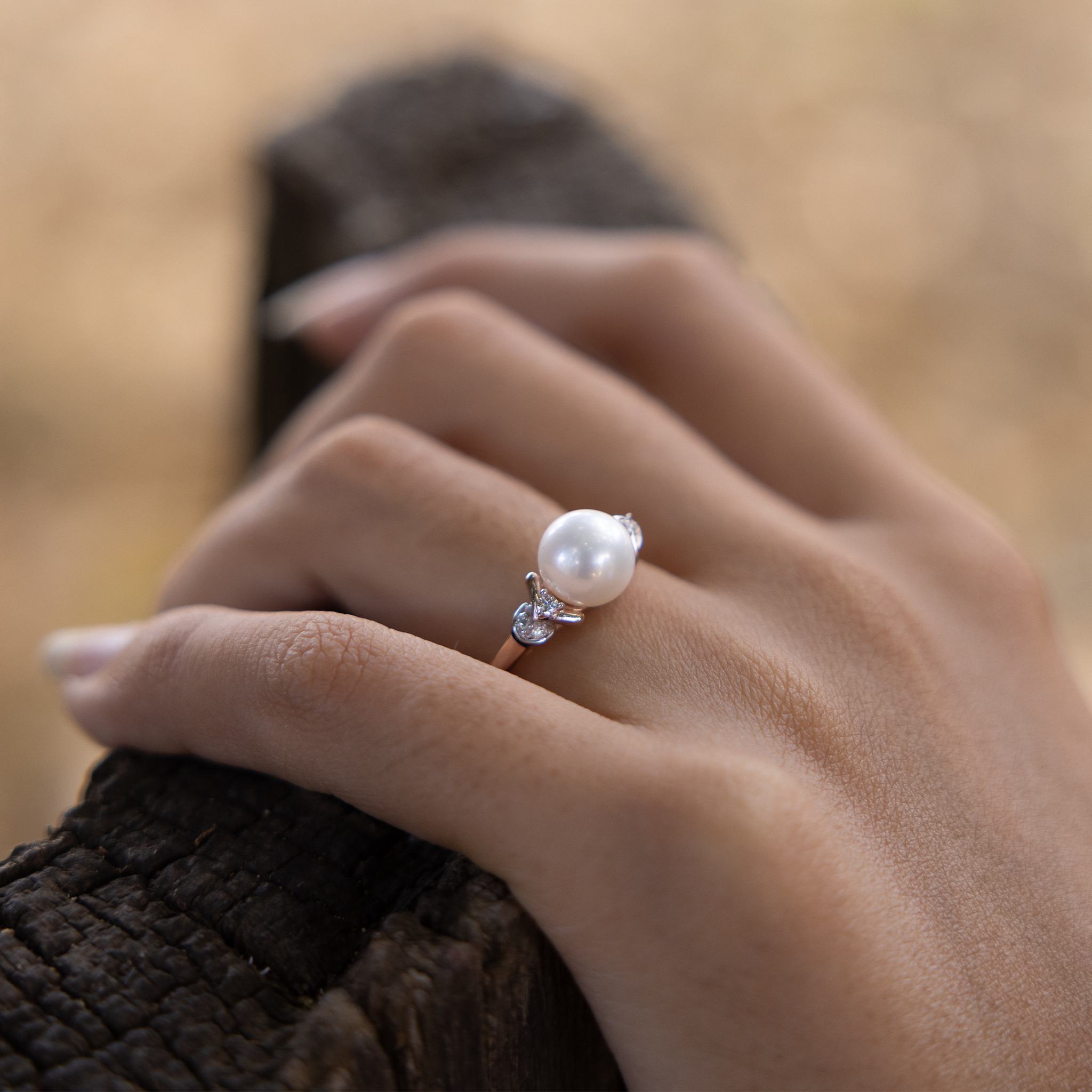 Freshwater White Pearl Ring in Rose Gold with Diamonds - 8-9mm