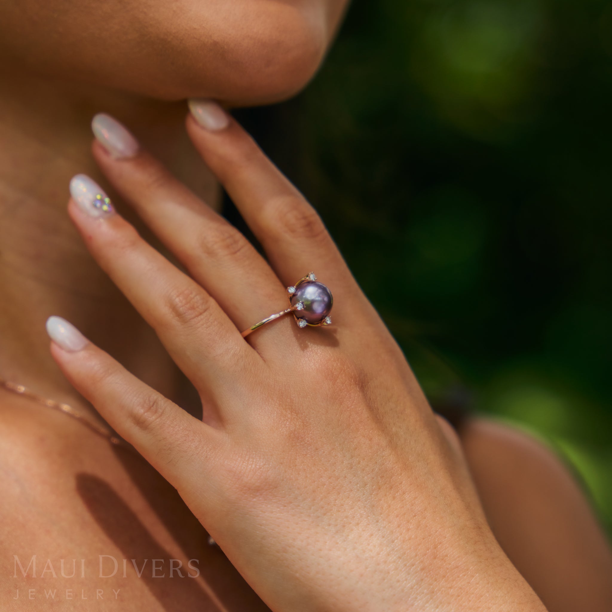 Protea Lilac Freshwater Pearl Ring in Rose Gold with Diamonds - 10-11mm