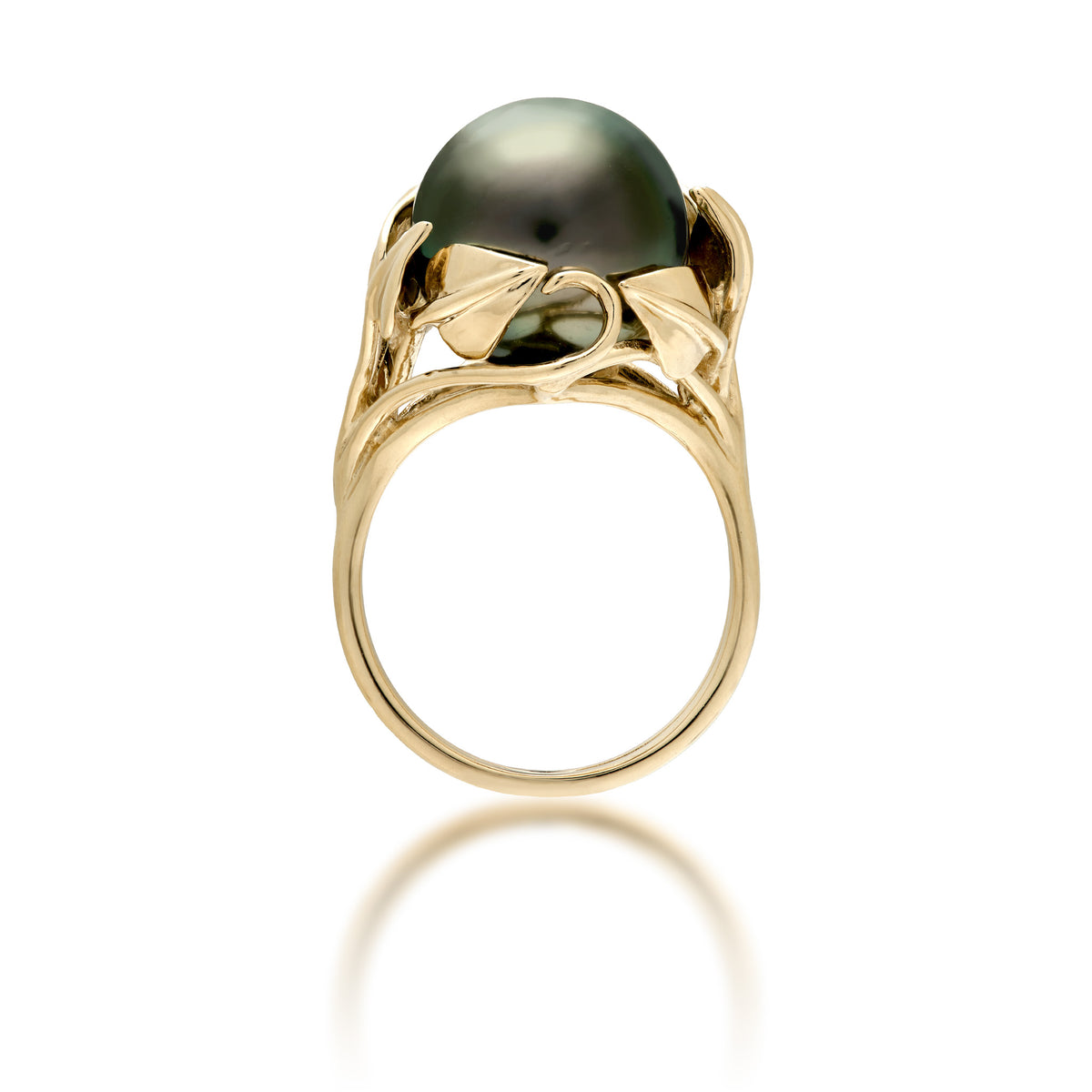 Profile view of a 12-13mm Tahitian Black Pearl with Maile leaf crown Ring in Gold on a white background