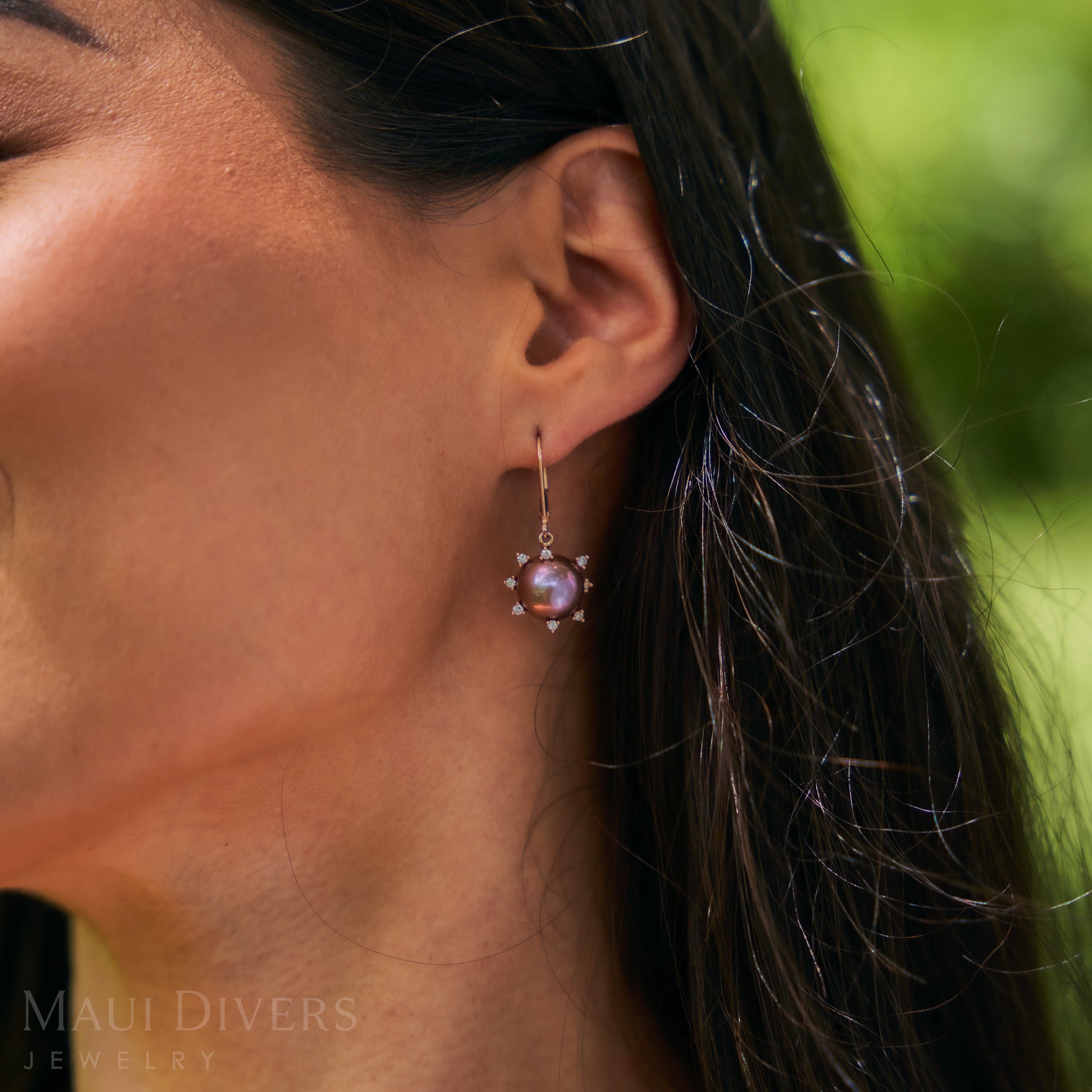 Protea Ultraviolet Freshwater Pearl Earrings in Rose Gold with Diamonds - 10-11mm