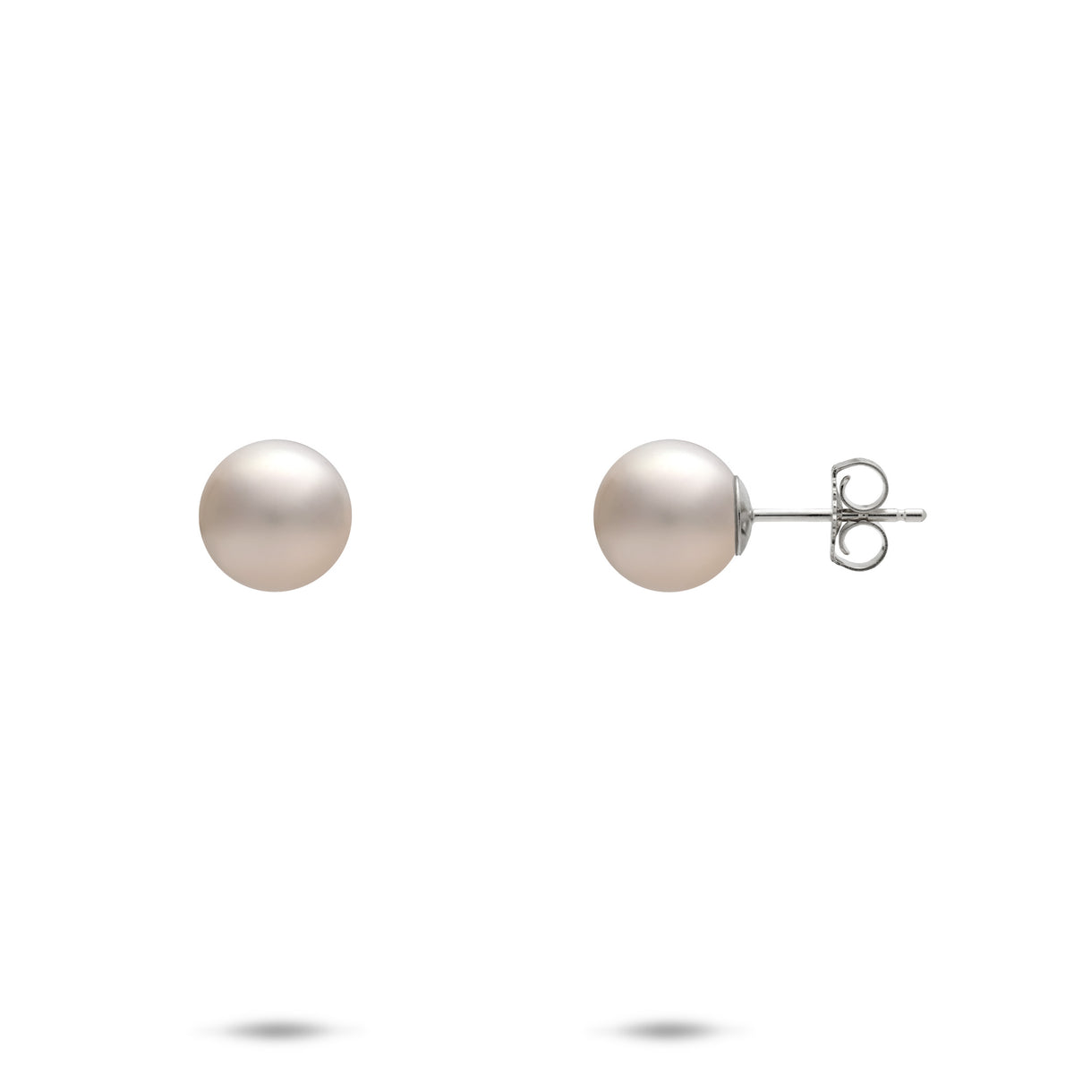 A pair of 7-8mm white freshwater pearl stud earrings in 14k white gold, shown with a front and side profile view of the butterfly backing, on a white background