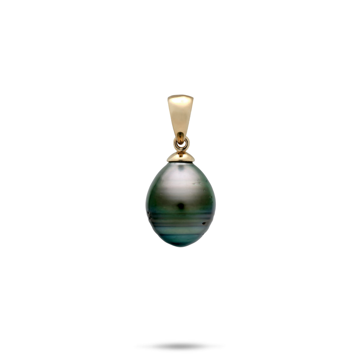 A simple 14k yellow gold pendant with a high-polish bail and 8-12mm baroque Tahitian black pearl with green overtones, shown on a white background