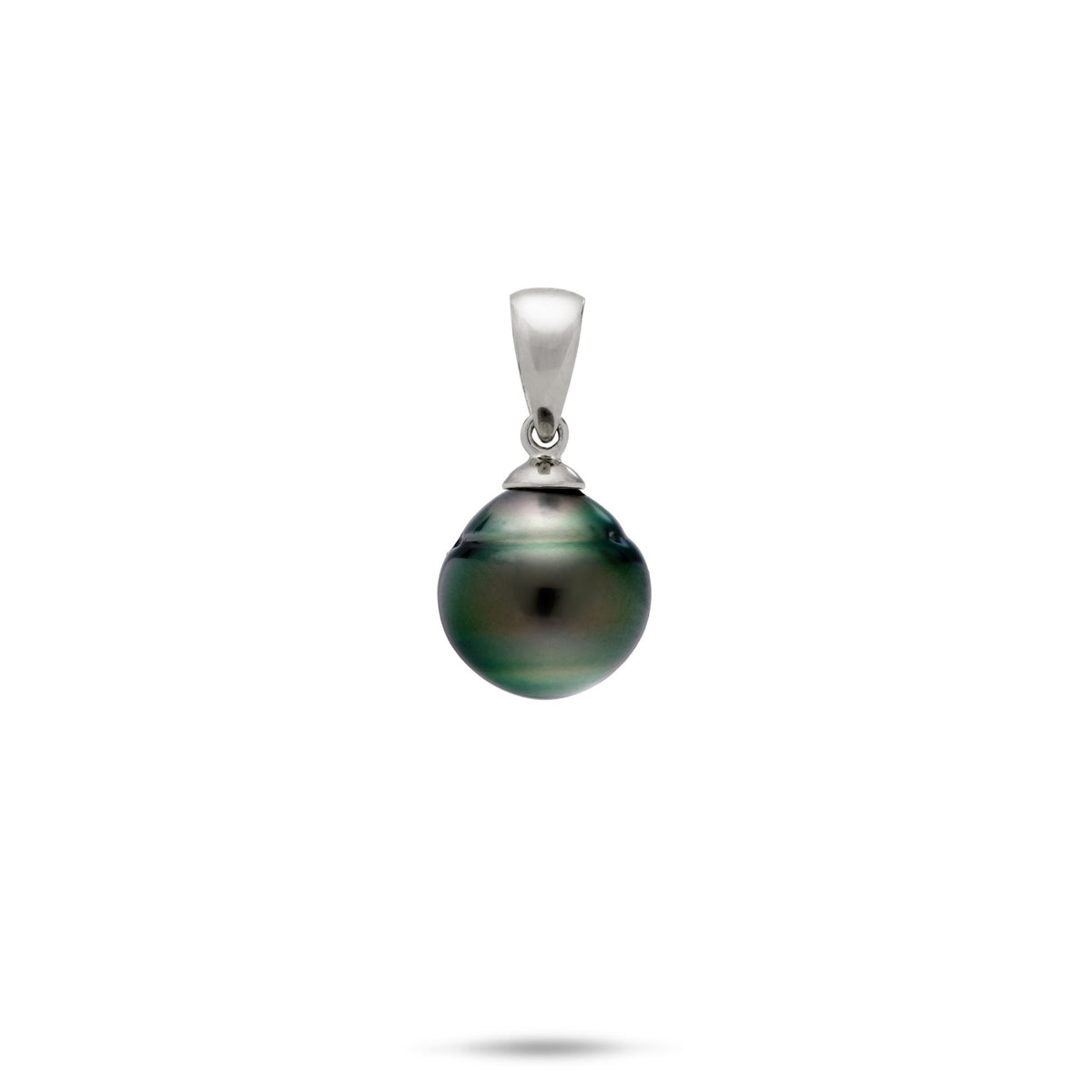 A simple 14k white gold pendant with a high-polish bail and 8-12mm baroque Tahitian black pearl, shown on a white background