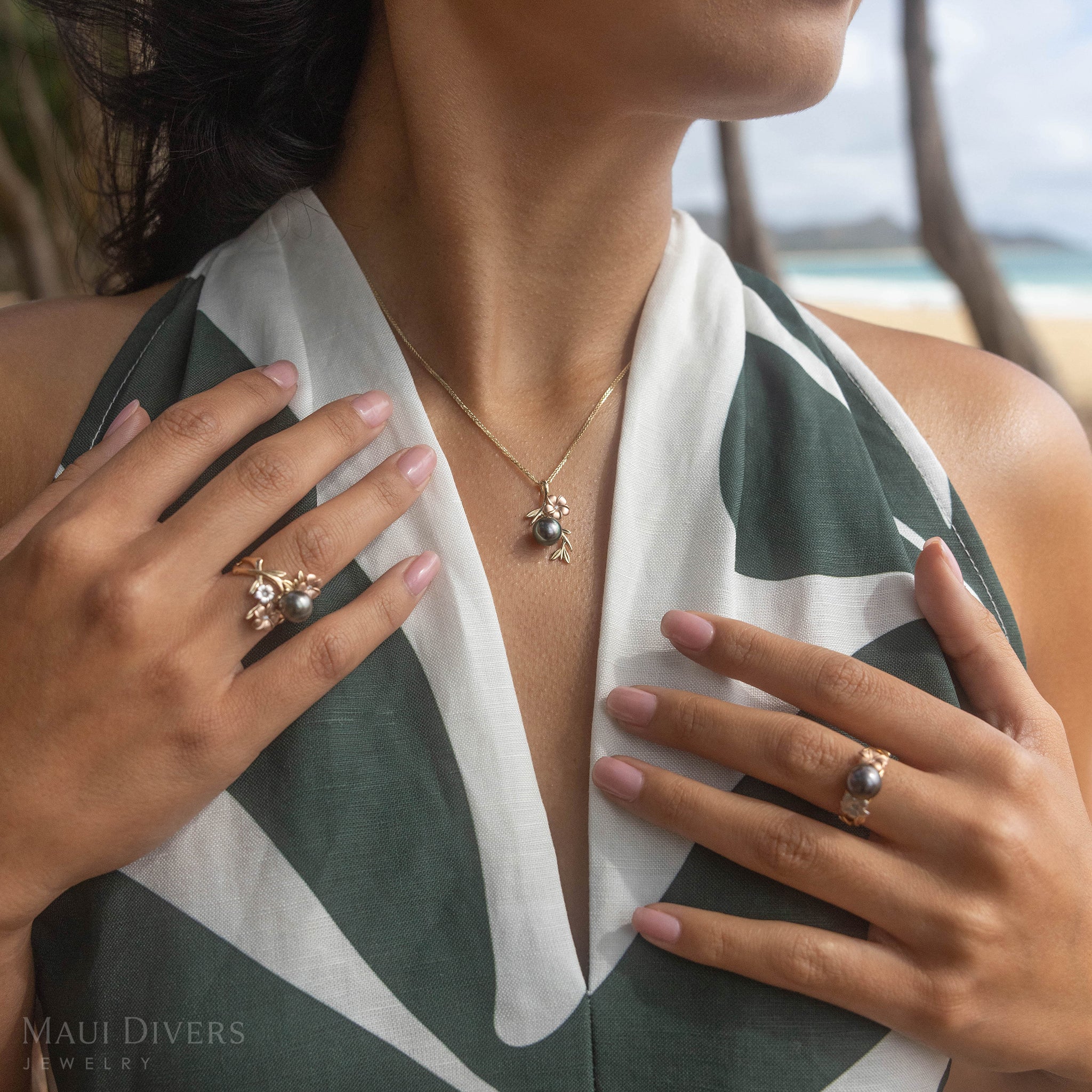 Pearls in Bloom Plumeria Tahitian Black Pearl Pendant in Two Tone Gold with Diamond - 25mm