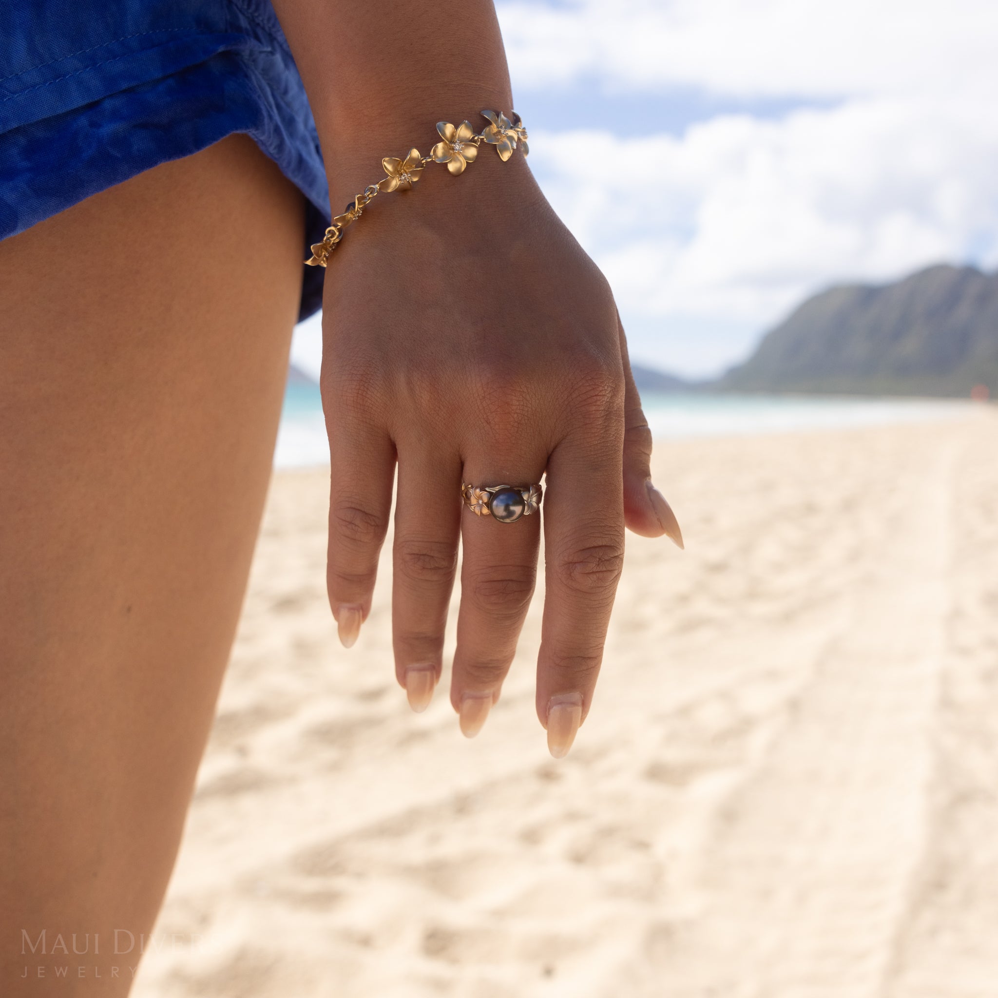 Pearls in Bloom Plumeria Tahitian Black Pearl Ring in Tri Color Gold with Diamonds - 8mm