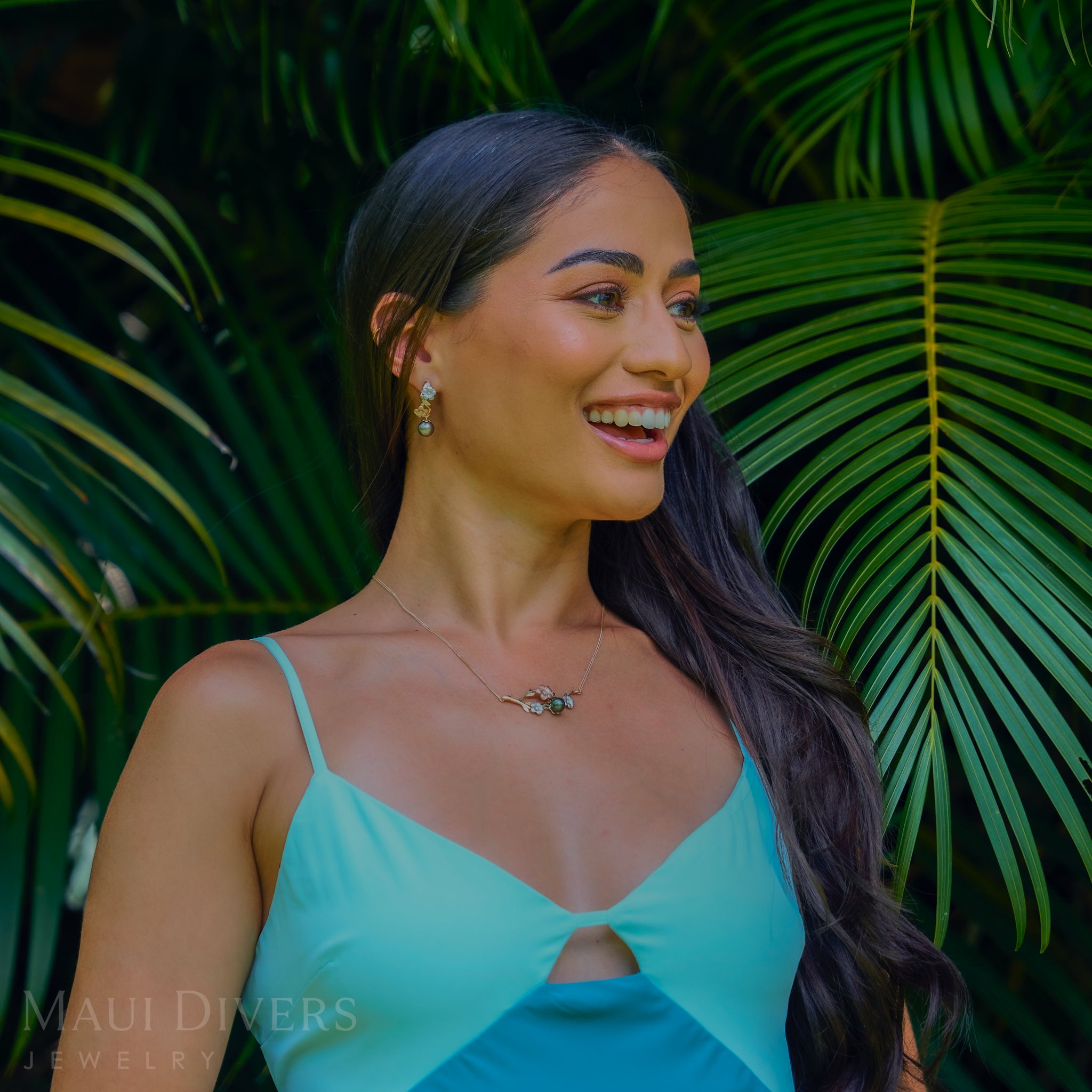 Pearls in Bloom Plumeria Tahitian Black Pearl Earrings in Tri Color Gold with Diamonds - 23mm