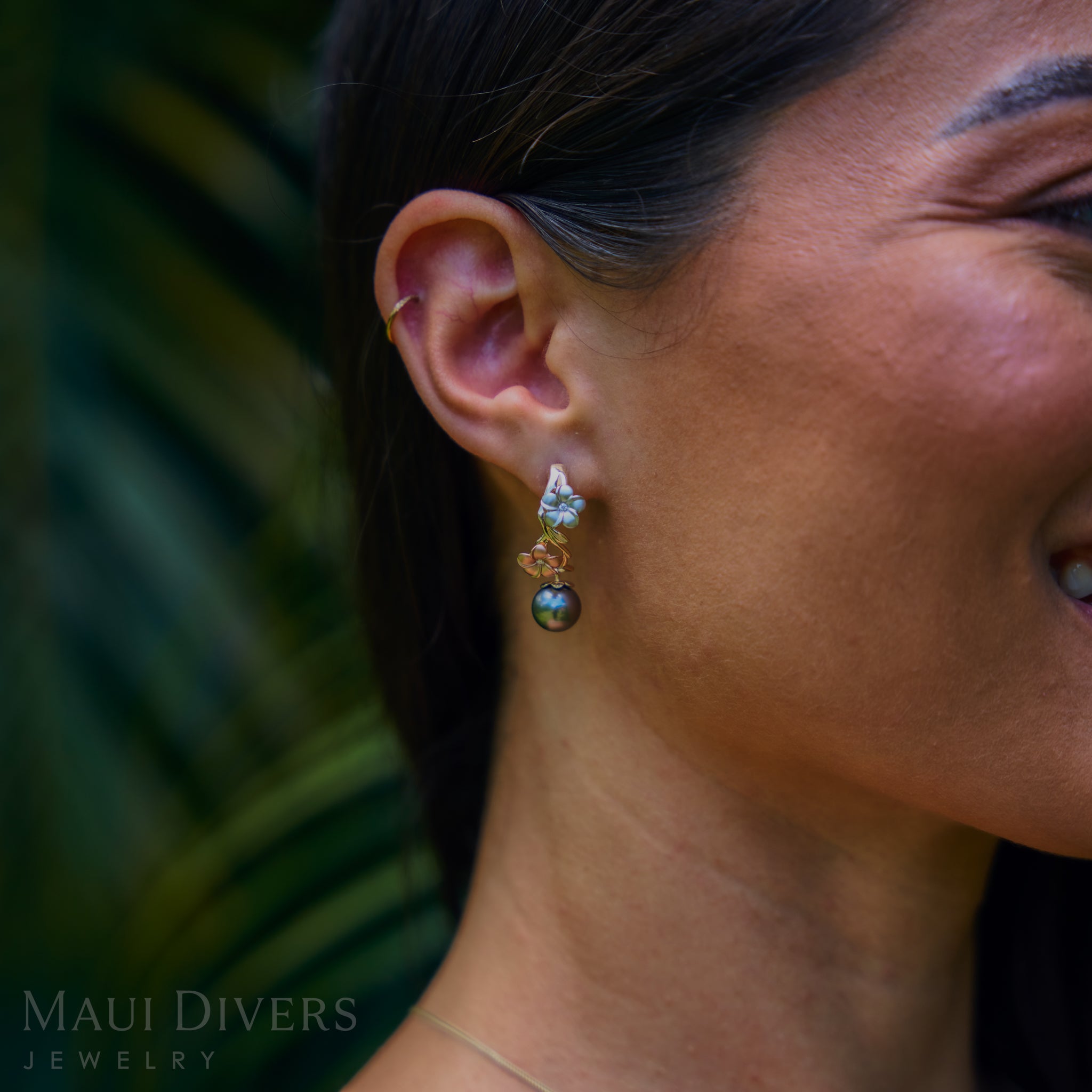 Pearls in Bloom Plumeria Tahitian Black Pearl Earrings in Tri Color Gold with Diamonds - 23mm