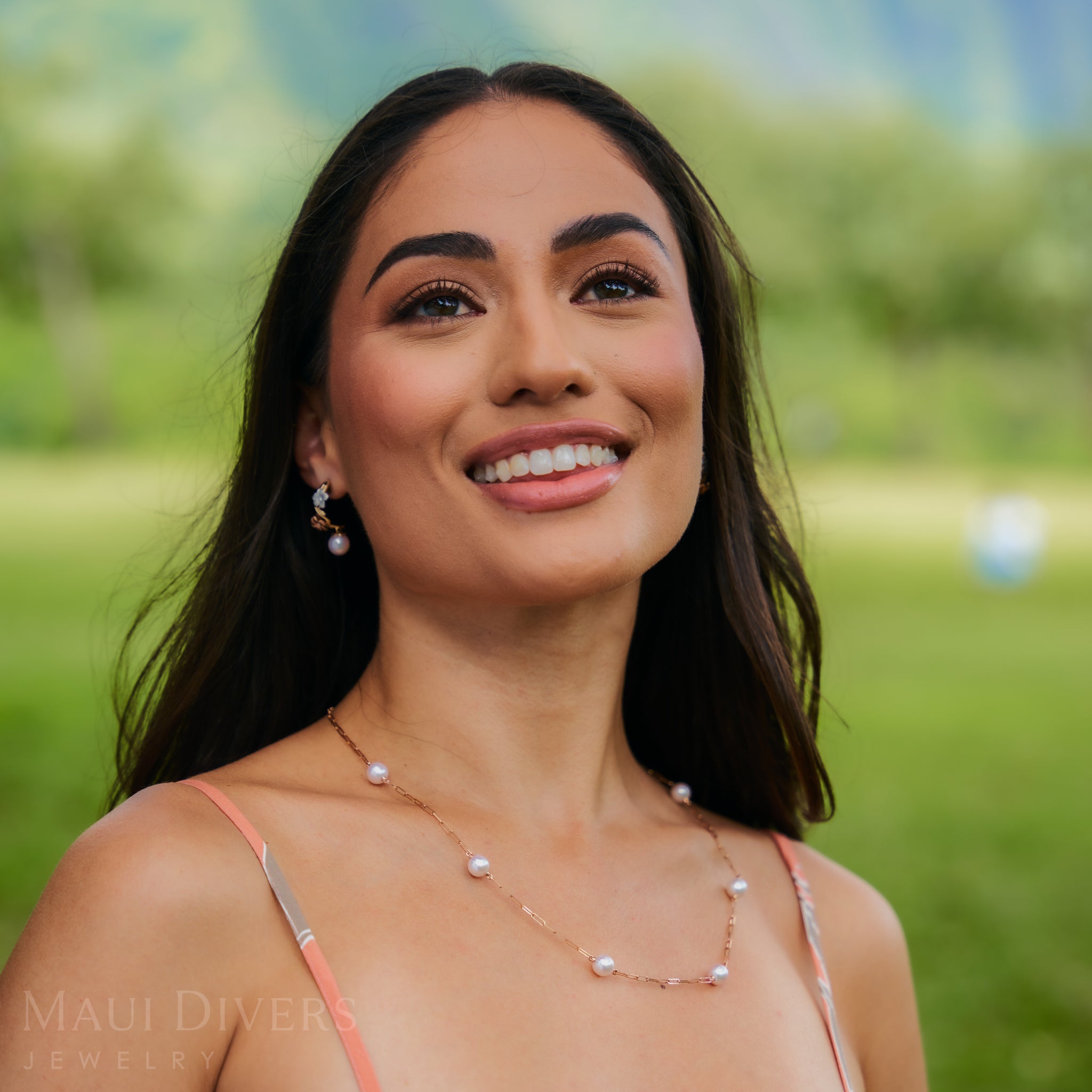 Pearls in Bloom Plumeria Akoya White Pearl Earrings in Tri Color Gold with Diamonds - 23mm