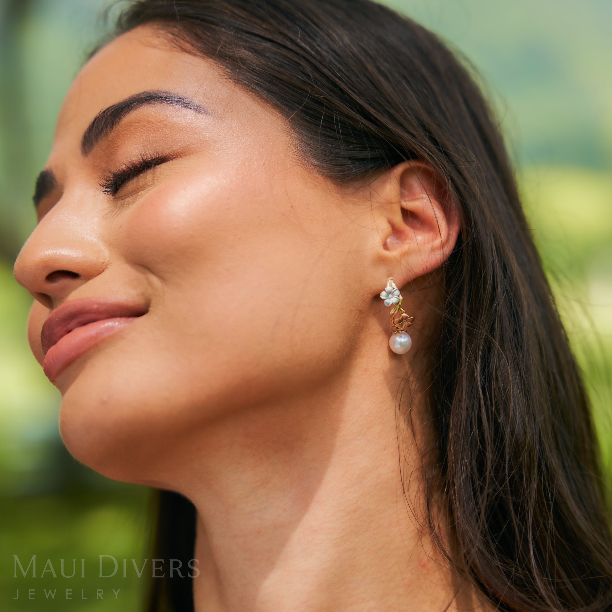 Pearls in Bloom Plumeria Akoya White Pearl Earrings in Tri Color Gold with Diamonds - 23mm