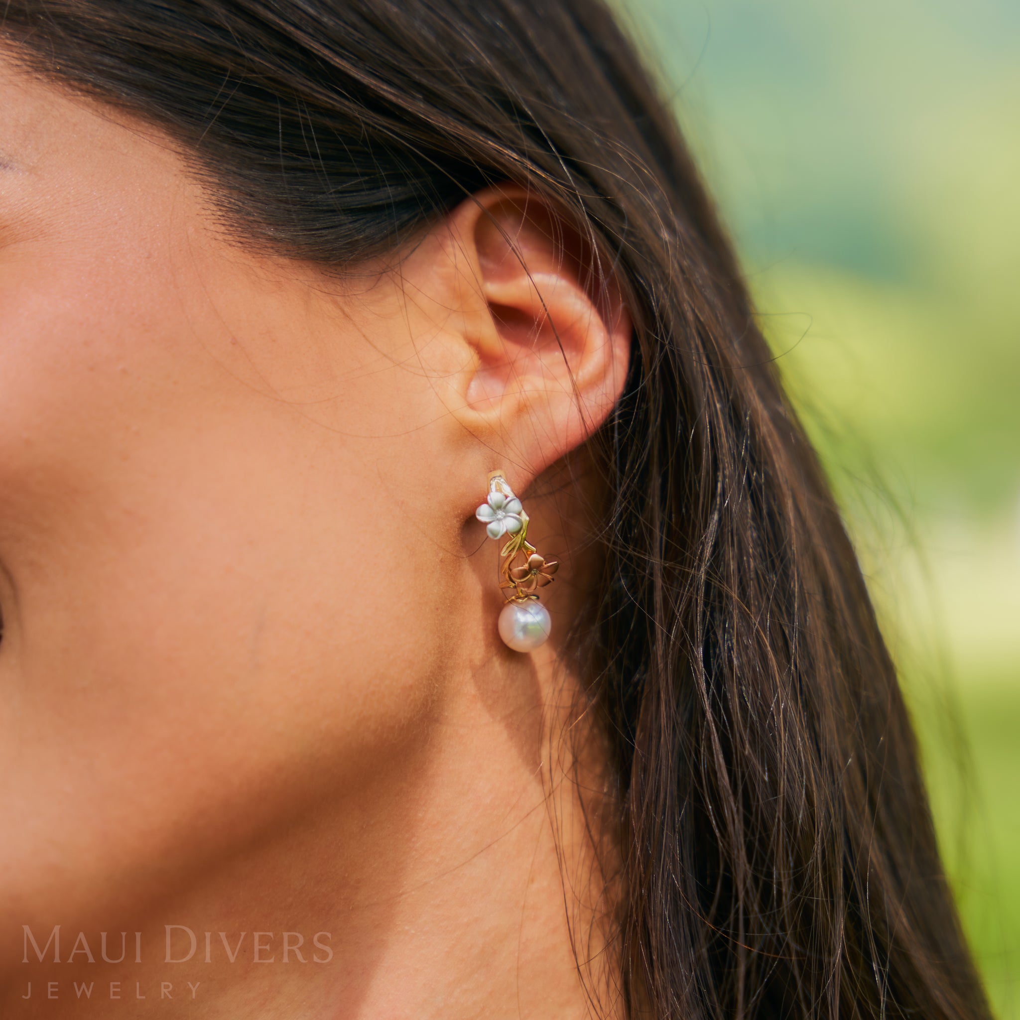 Pearls in Bloom Plumeria Akoya White Pearl Earrings in Tri Color Gold with Diamonds - 23mm