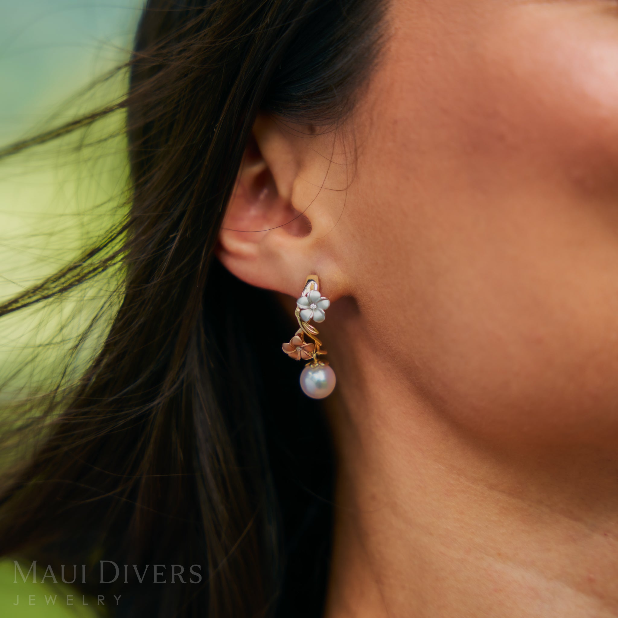 Pearls in Bloom Plumeria Akoya White Pearl Earrings in Tri Color Gold with Diamonds - 23mm