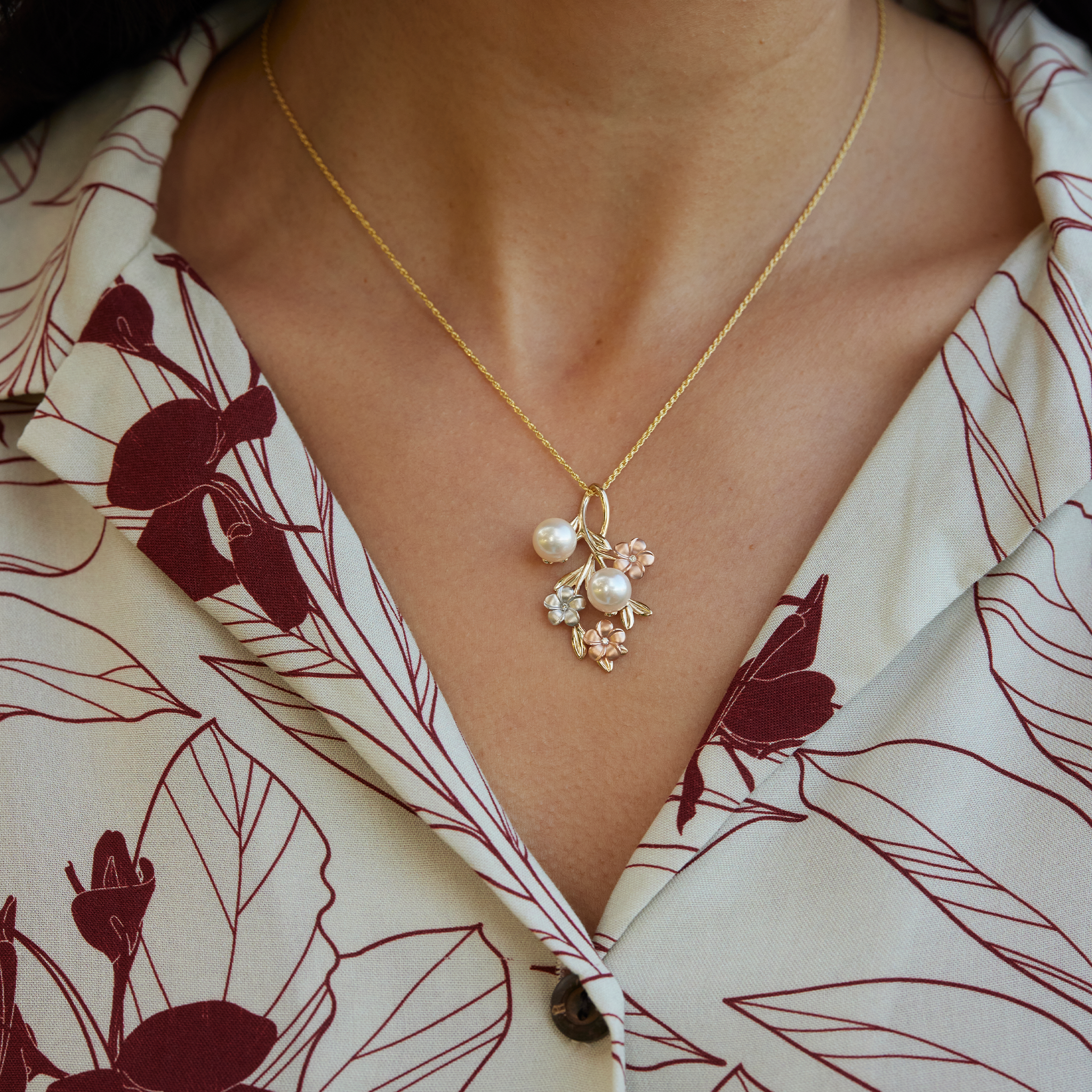 Pearls in Bloom Plumeria Akoya White Pearl Pendant in Tri Color Gold with Diamonds - 36mm
