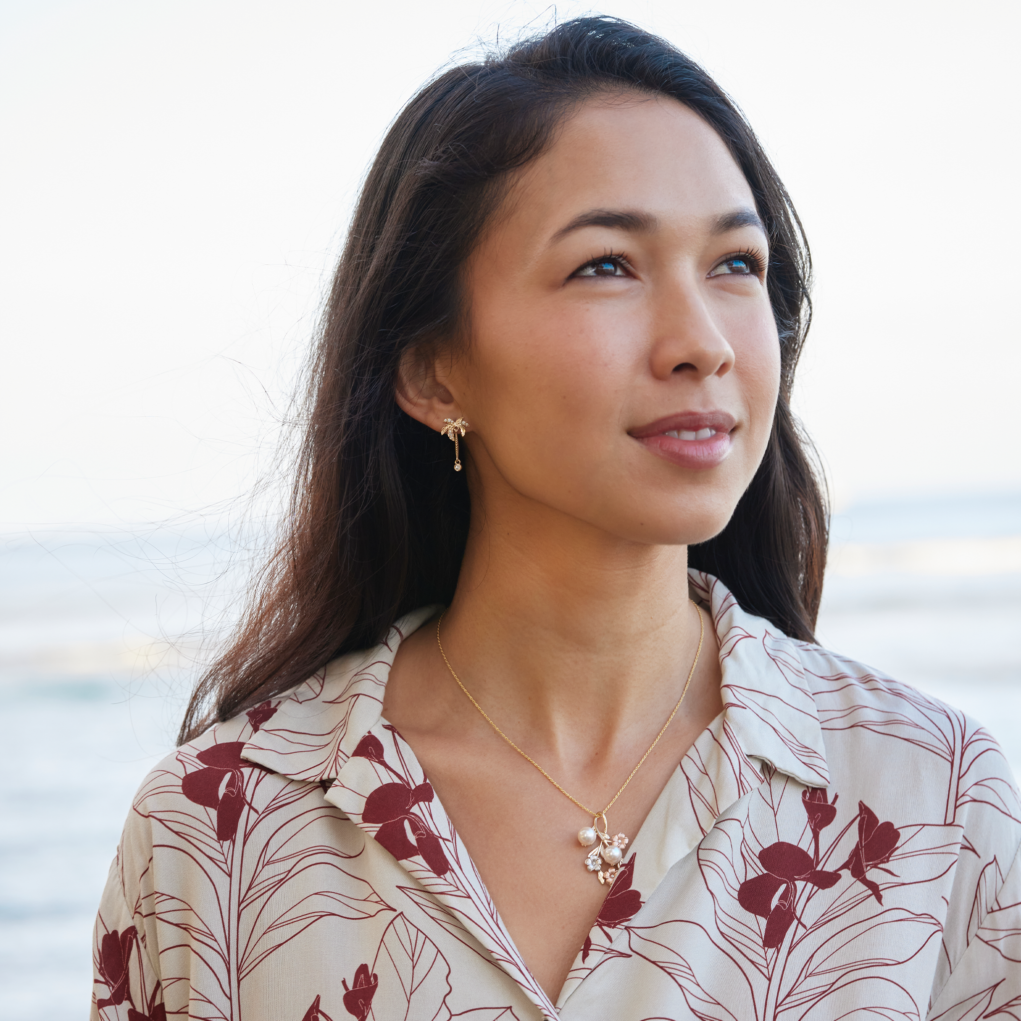Pearls in Bloom Plumeria Akoya White Pearl Pendant in Tri Color Gold with Diamonds - 36mm