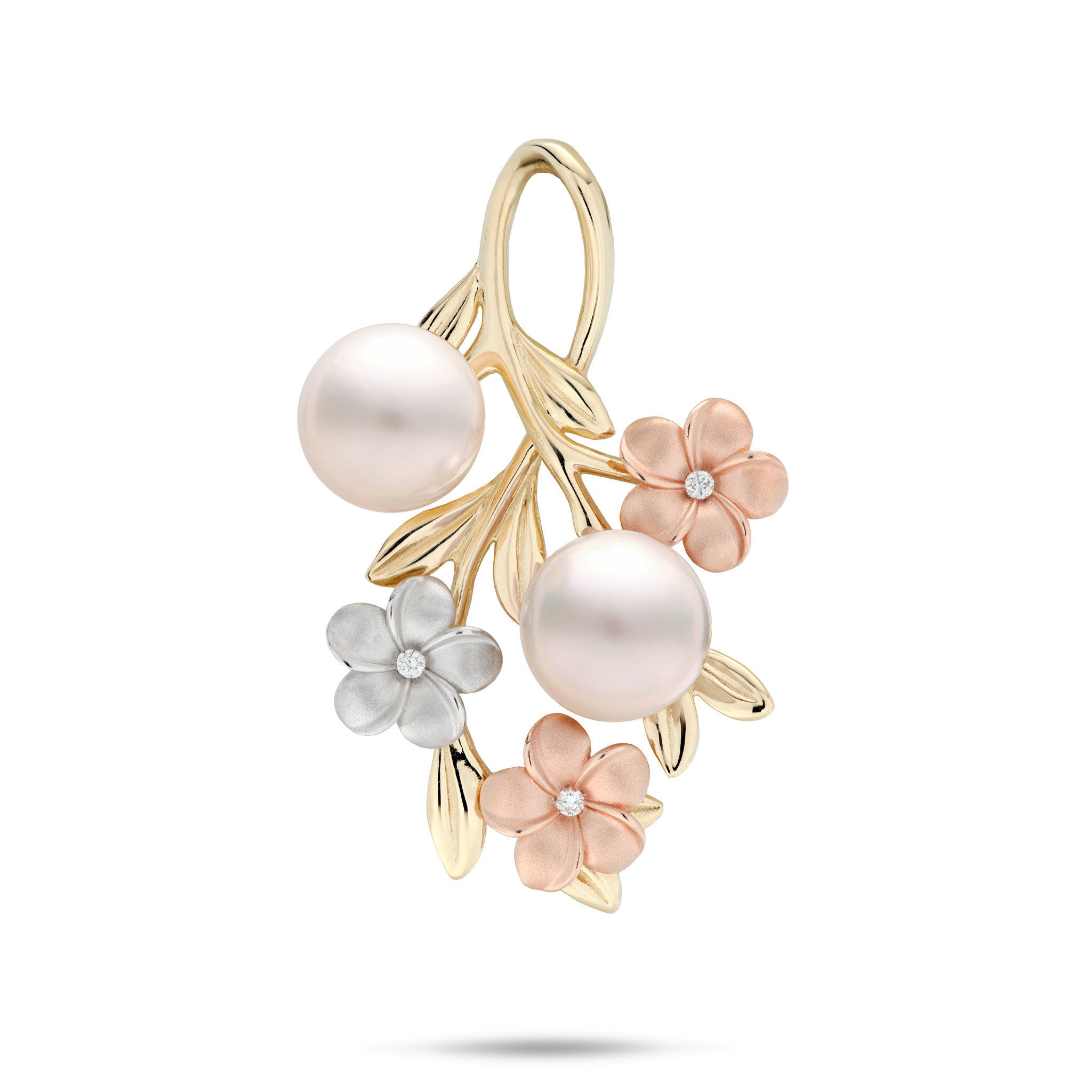 36mm Pearls in Bloom Plumeria Akoya White Pearl Pendant in Tri Color Gold with Diamonds on a white background