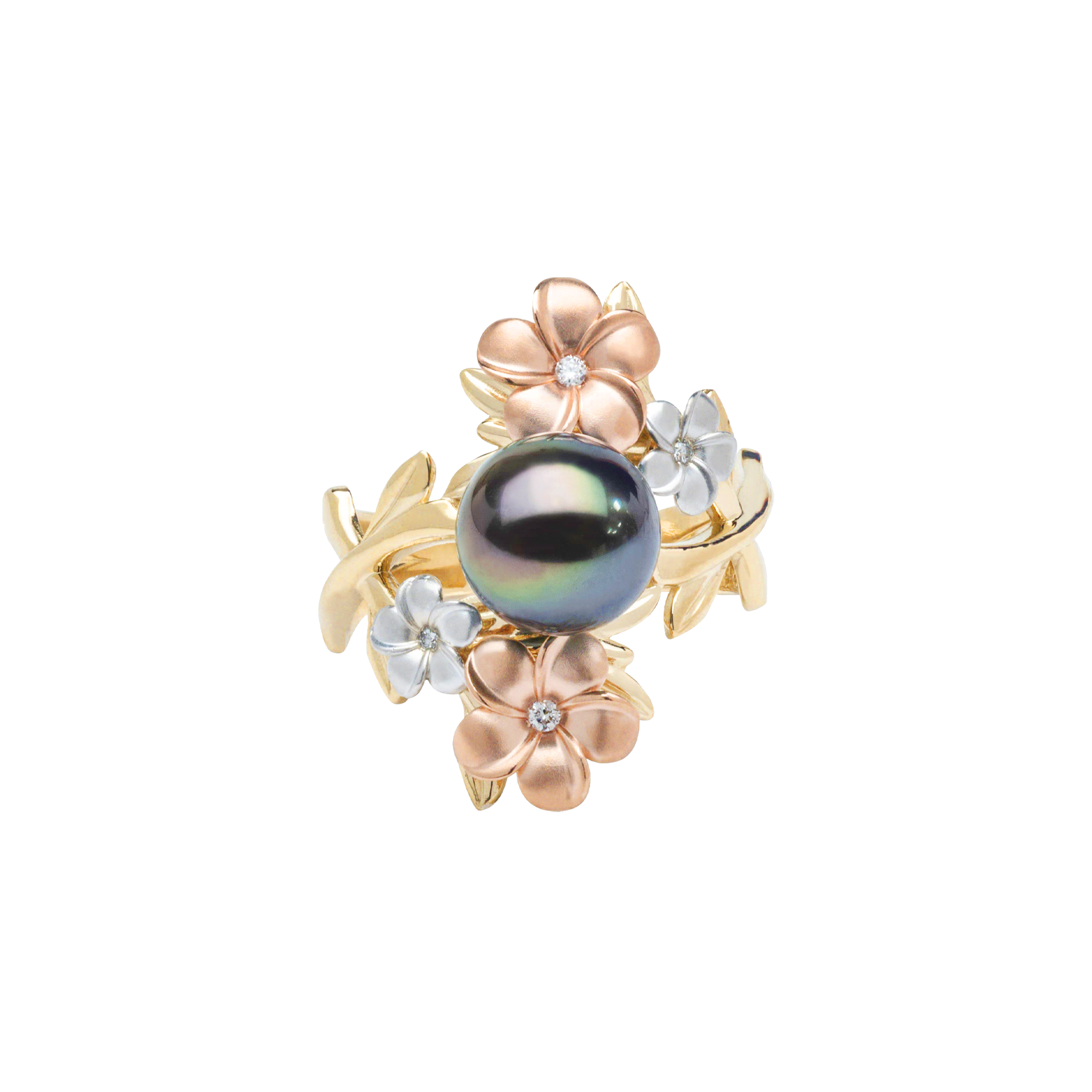 Pearls in Bloom Plumeria Tahitian Black Pearl Ring in Tri Color Gold with Diamonds - 22mm