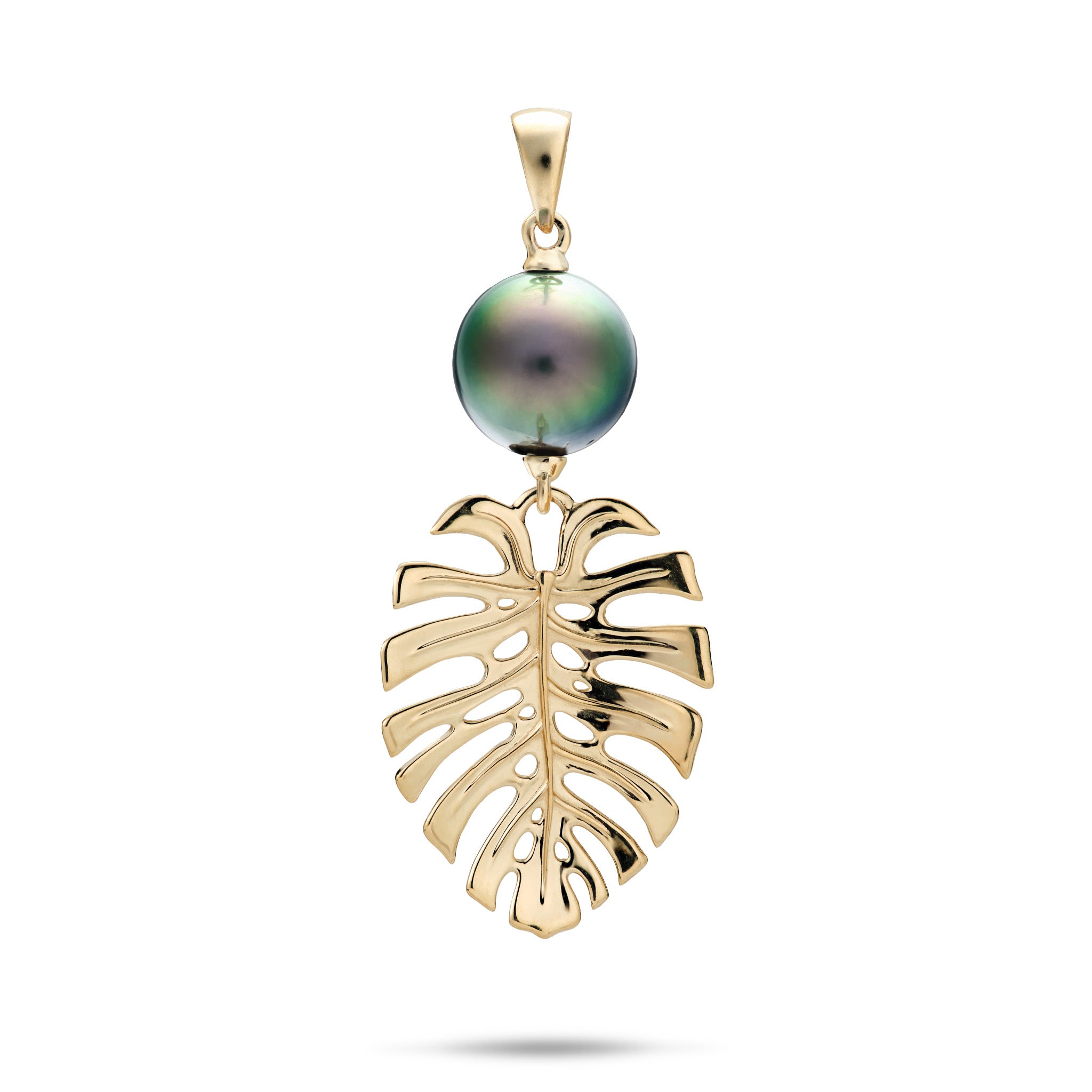 Monstera Tahitian Black Pearl Pendant in 14k Yellow Gold on a white background