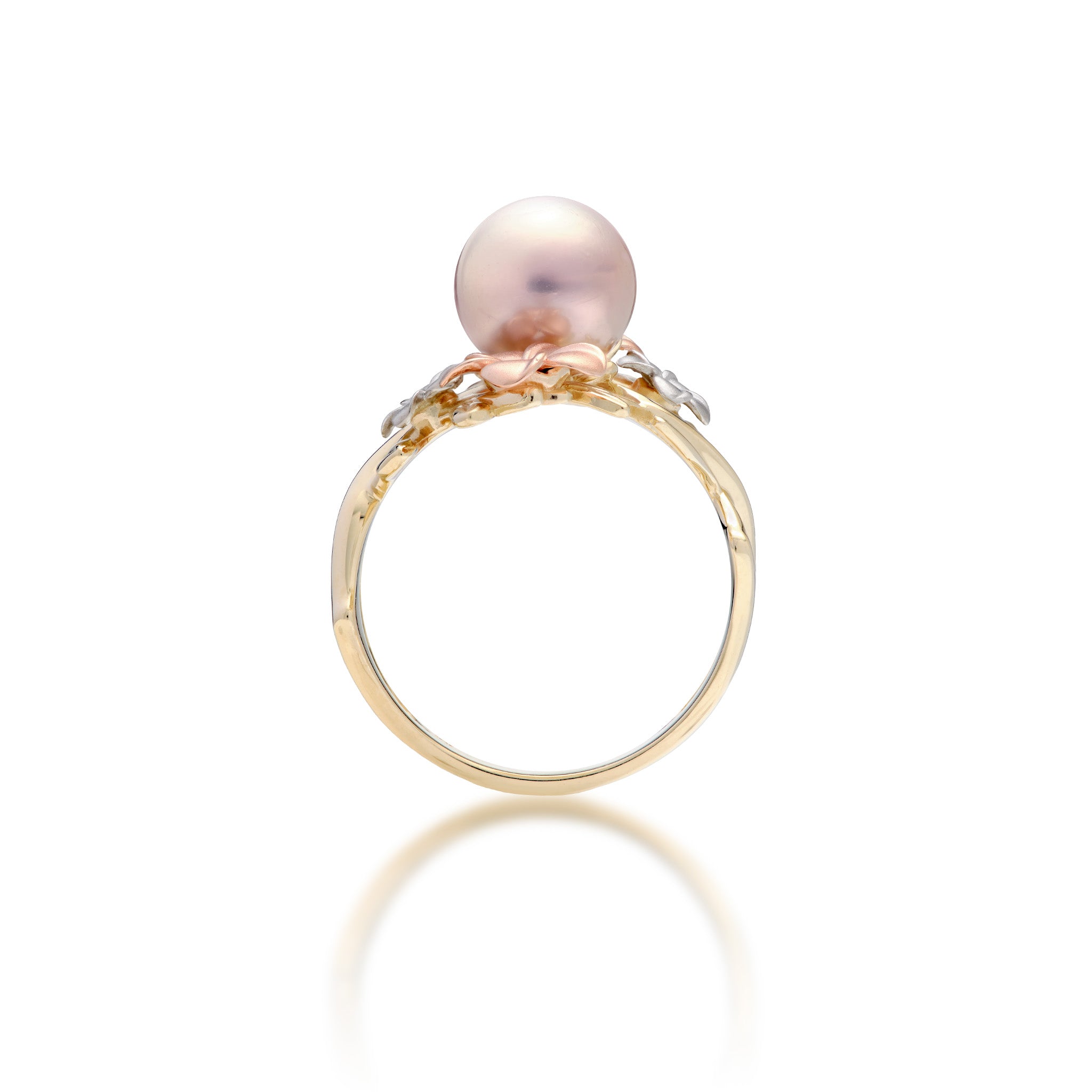 Band view of the 22mm Pearls in Bloom Plumeria Lavender Freshwater Pearl Ring in Tri Color Gold with Diamonds on a white background